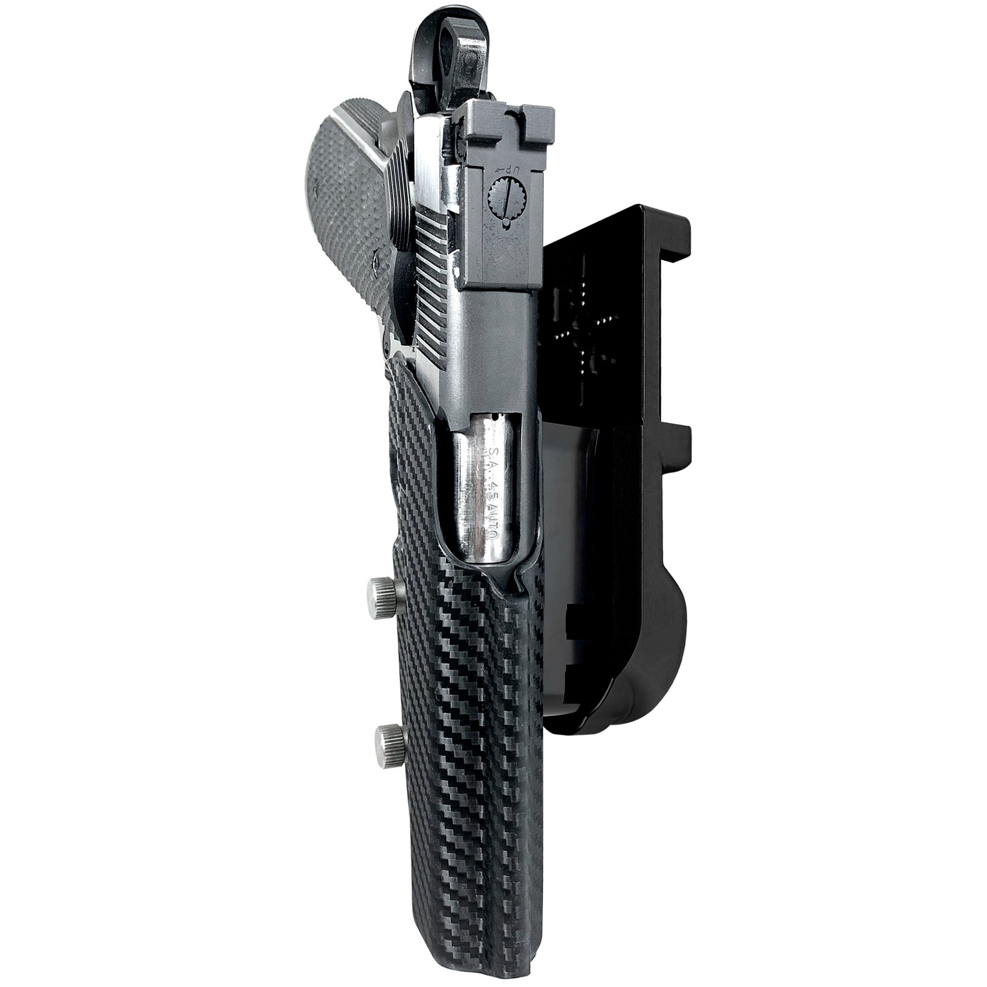 1911 4.25in (No Rail) IPSC/USPA Quick Mount Holster with Black Belt Attachment, Carbon Fiber Holster Shell