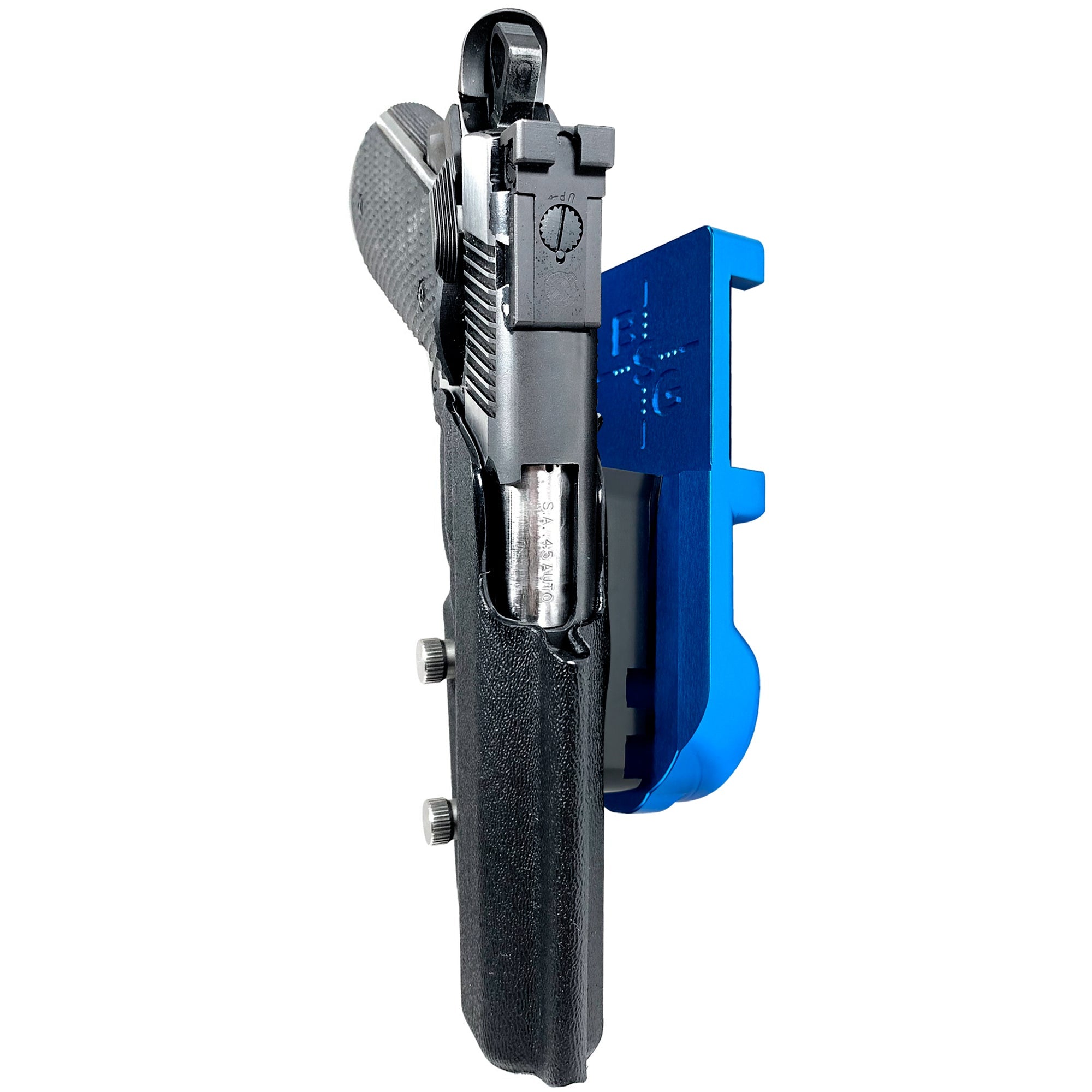 1911 4.25in (No Rail) IPSC/USPA Quick Mount Holster with Blue Belt Attachment, Black Holster Shell