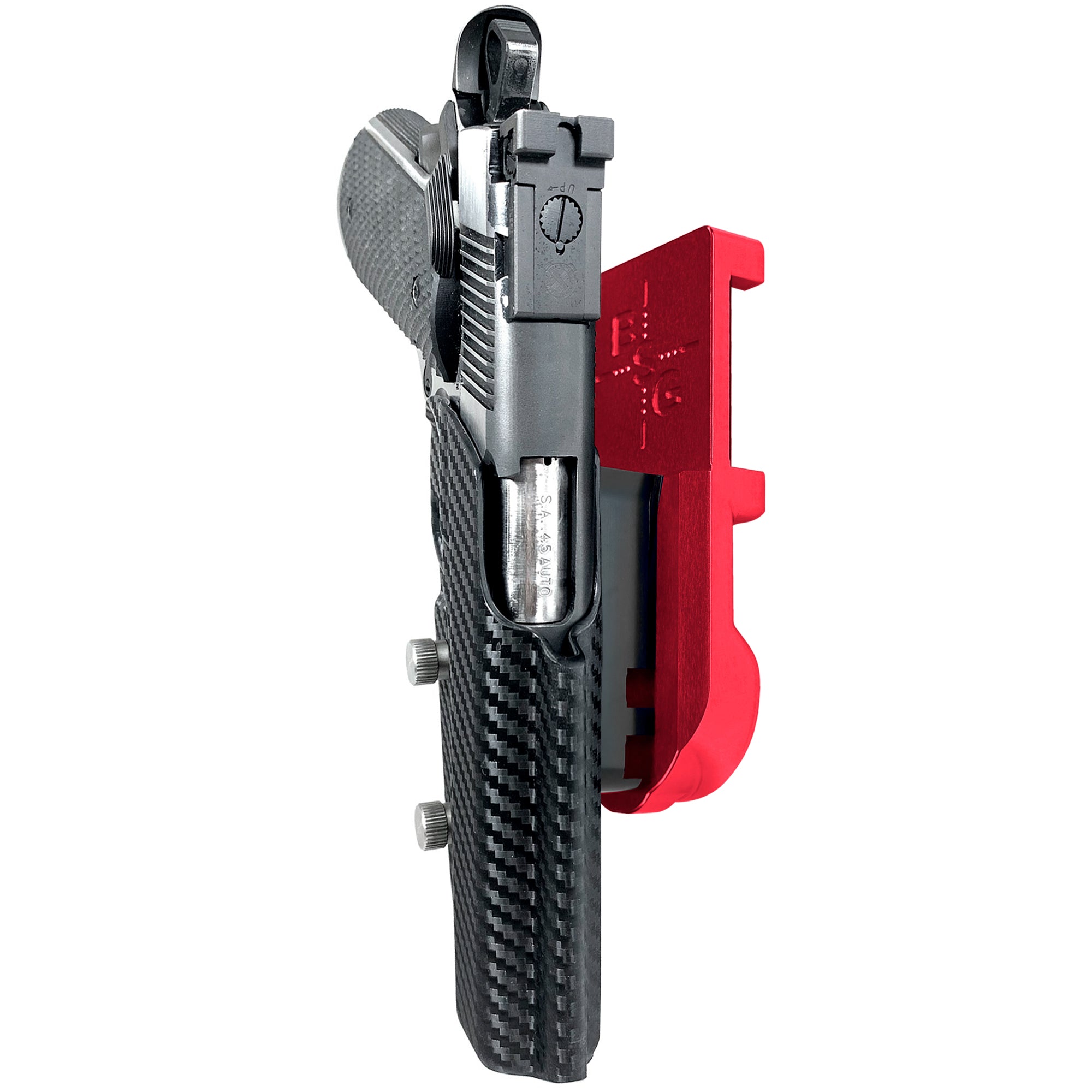 1911 4.25in (No Rail) IPSC/USPA Quick Mount Holster with Red Belt Attachment, Carbon Fiber Holster Shell