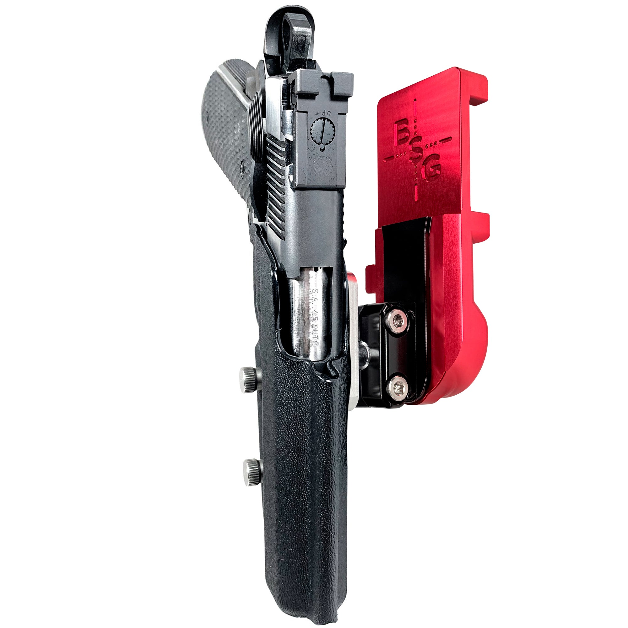 1911 4.25in (No Rail) IPSC/USPA Quick Mount Ball Joint Holster with Red Belt Attachment, Black Holster Shell