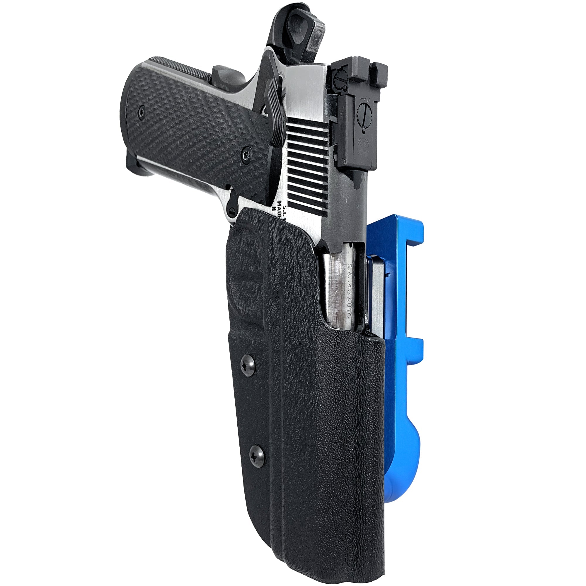 1911 4.25in (No Rail) IDPA Quick Mount Holster with Blue Belt Attachment, Black Holster Shell