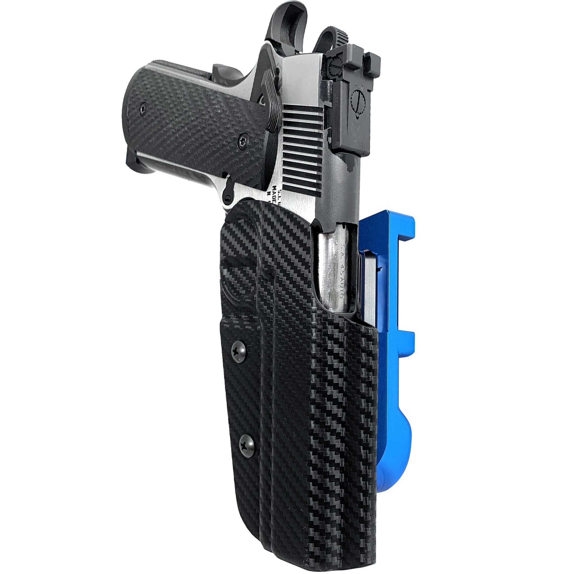 1911 4.25in (No Rail) IDPA Quick Mount Holster with Blue Belt Attachment, Carbon Fiber Holster Shell