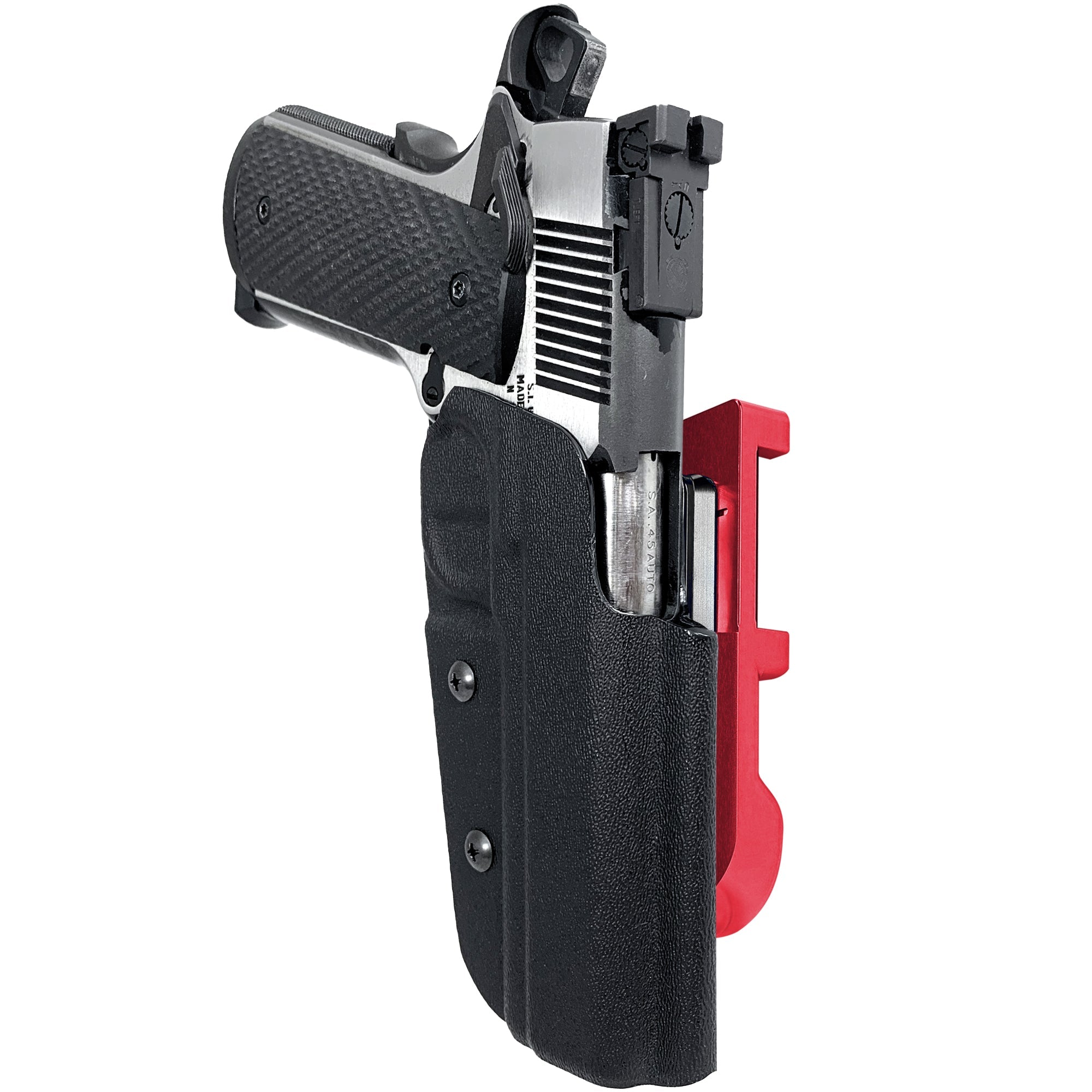 1911 4.25in (No Rail) IDPA Quick Mount Holster with Red Belt Attachment, Black Holster Shell