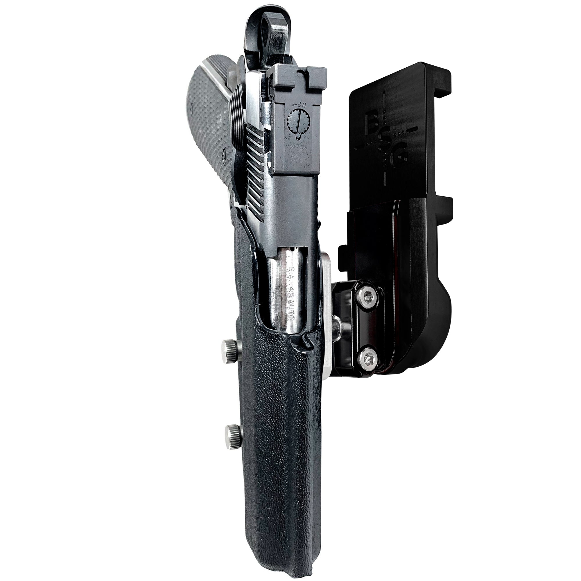 1911 5in IPSC/USPA Quick Mount Ball Joint Holster with Black Belt Attachment, Black Holster Shell