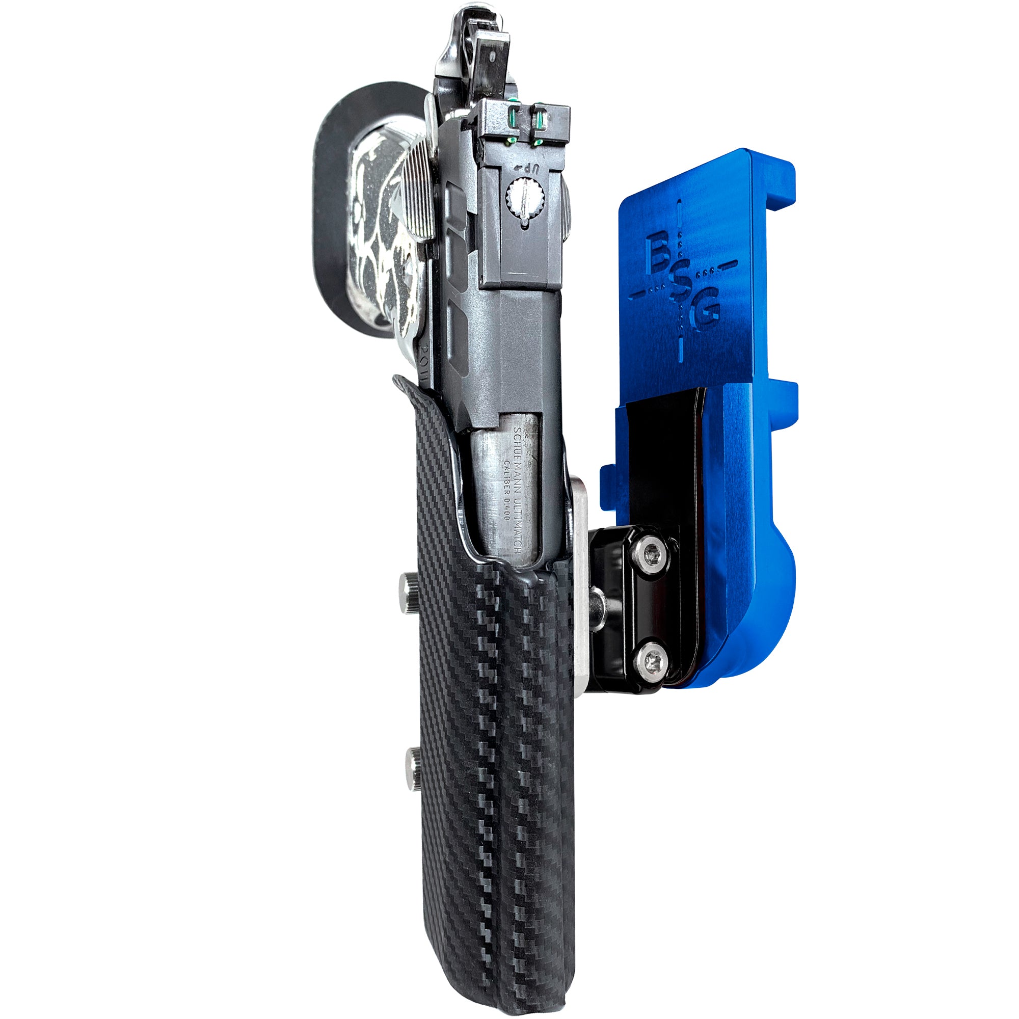 2011 5in w/ Rail IPSC/USPA Quick Mount Ball Joint Holster with Blue Belt Attachment, Carbon Fiber Holster Shell