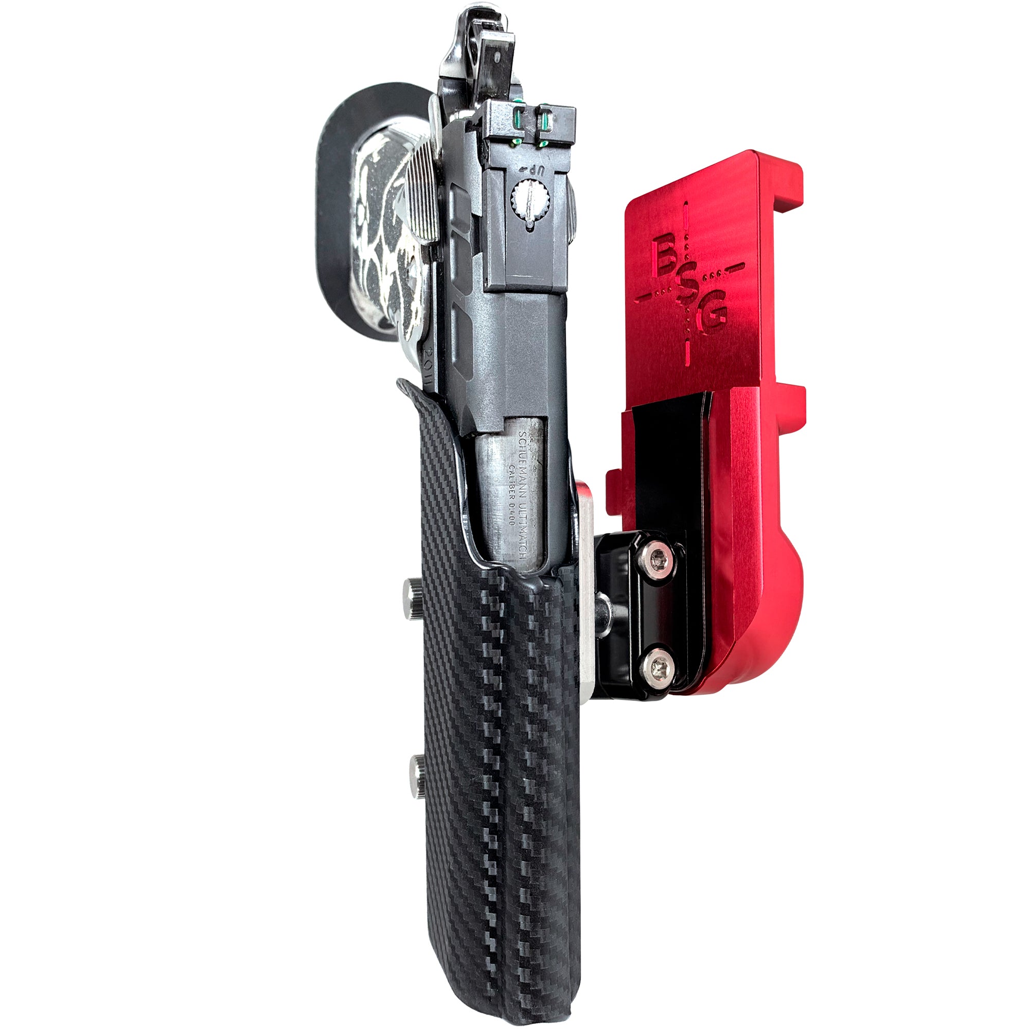 2011 5in w/ Rail IPSC/USPA Quick Mount Ball Joint Holster with Red Belt Attachment, Carbon Fiber Holster Shell