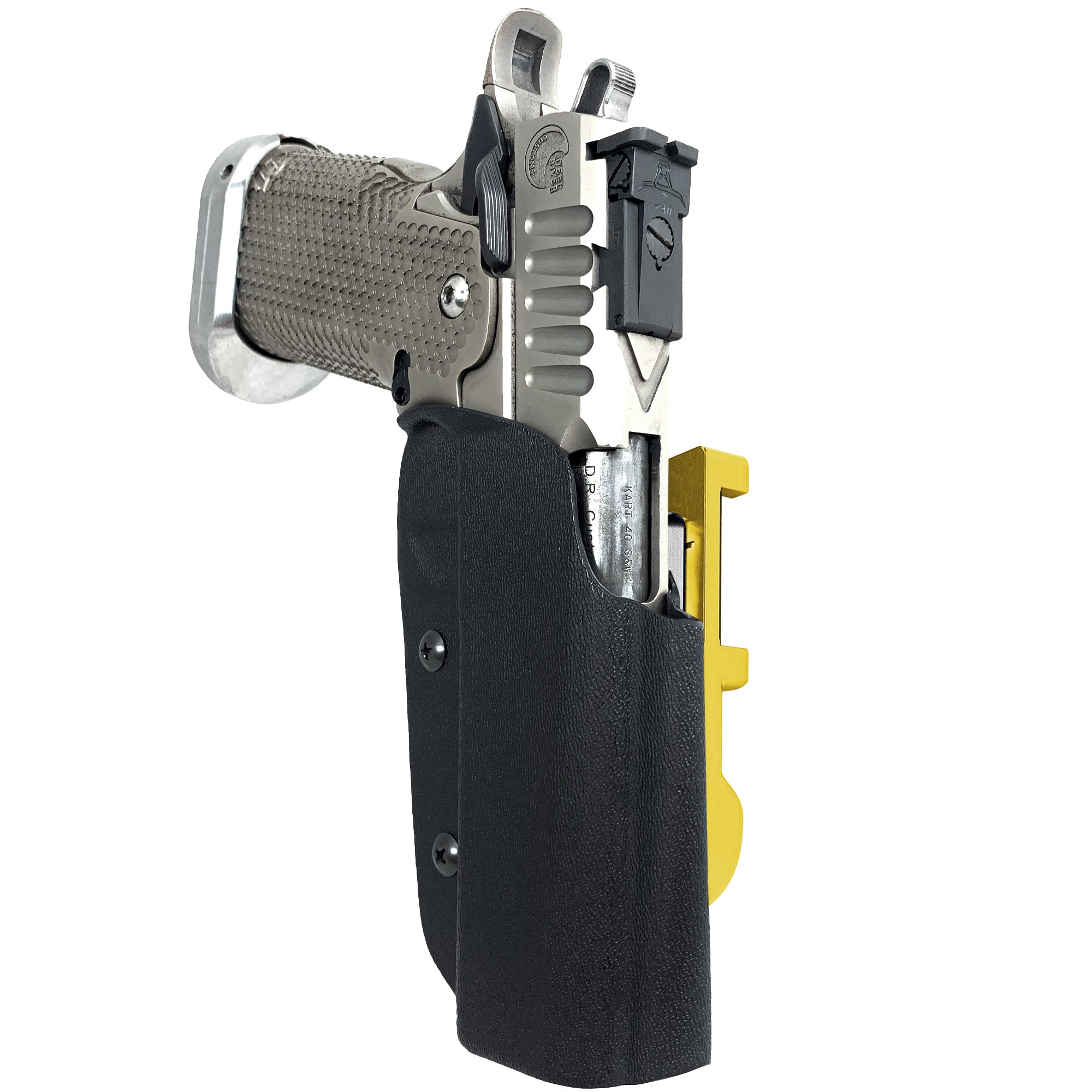 2011 5in w/ Rail IDPA Quick Mount Holster with 24K Gold Belt Attachment, Black Holster Shell