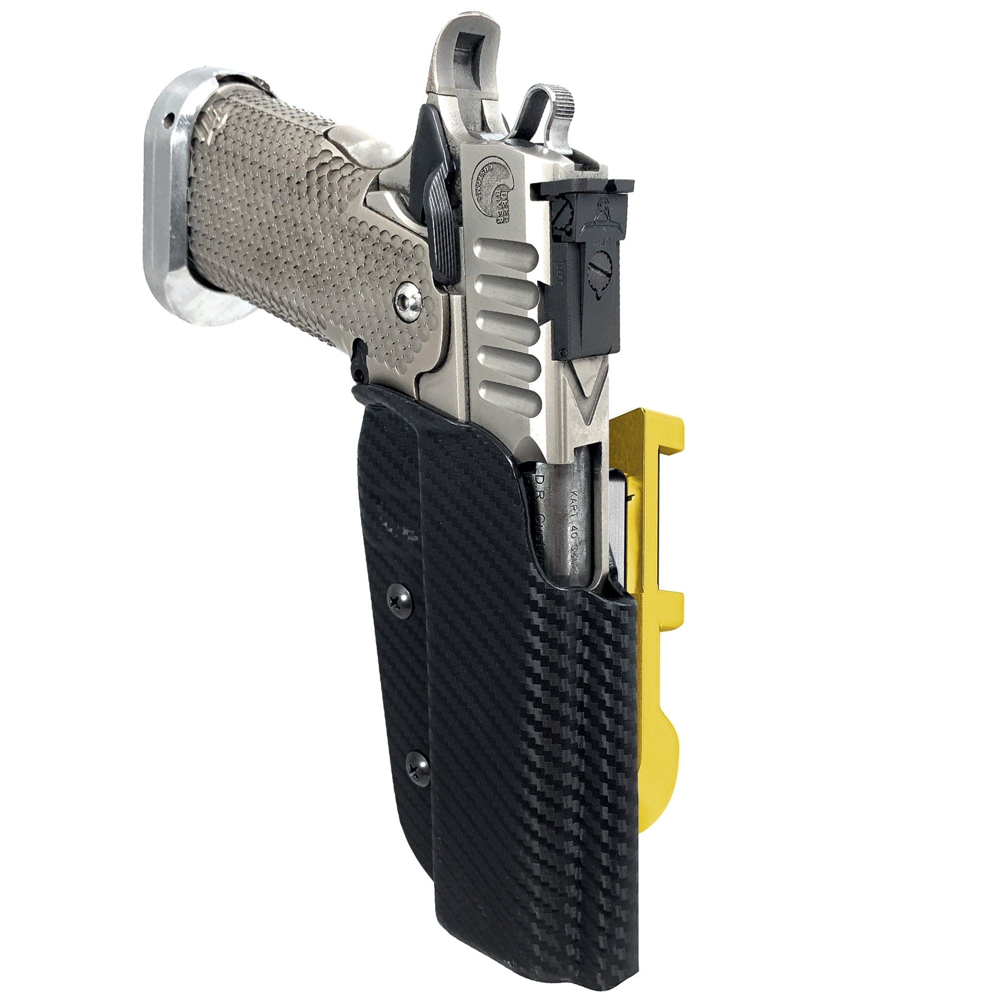 2011 5in w/ Rail IDPA Quick Mount Holster with 24K Gold Belt Attachment, Carbon Fiber Holster Shell