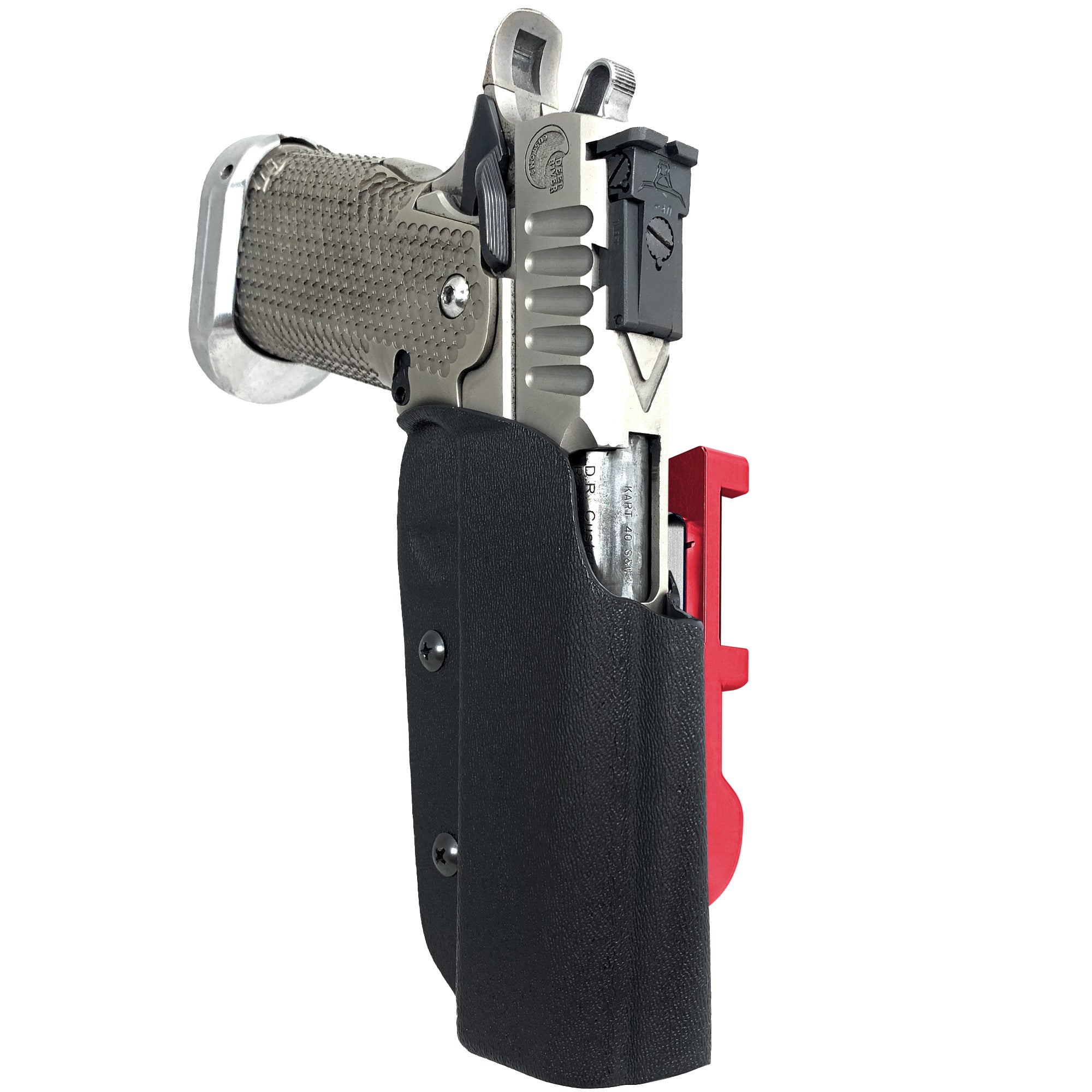 2011 5in w/ Rail IDPA Quick Mount Holster with Red Belt Attachment, Black Holster Shell
