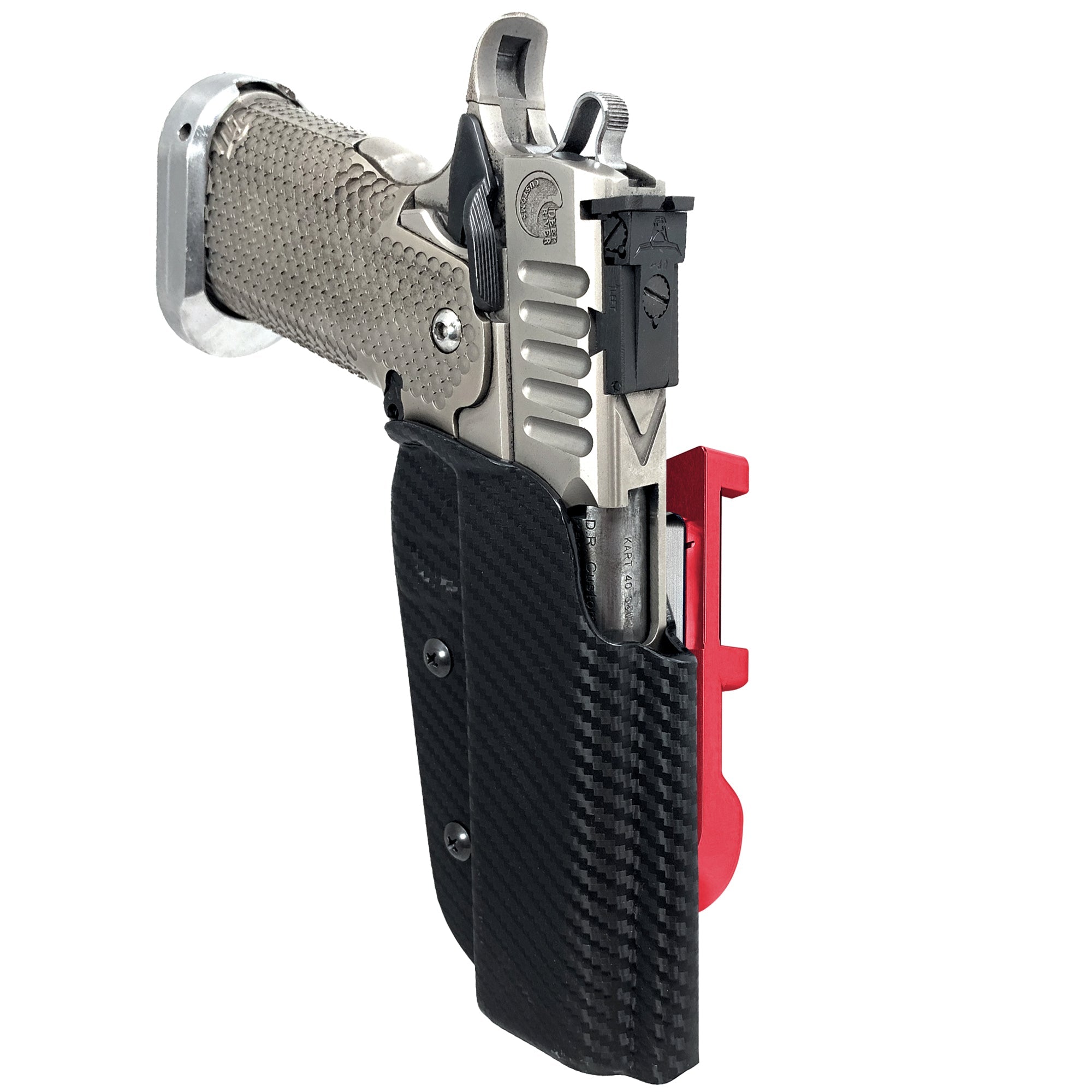 2011 5in w/ Rail IDPA Quick Mount Holster with Red Belt Attachment, Carbon Fiber Holster Shell