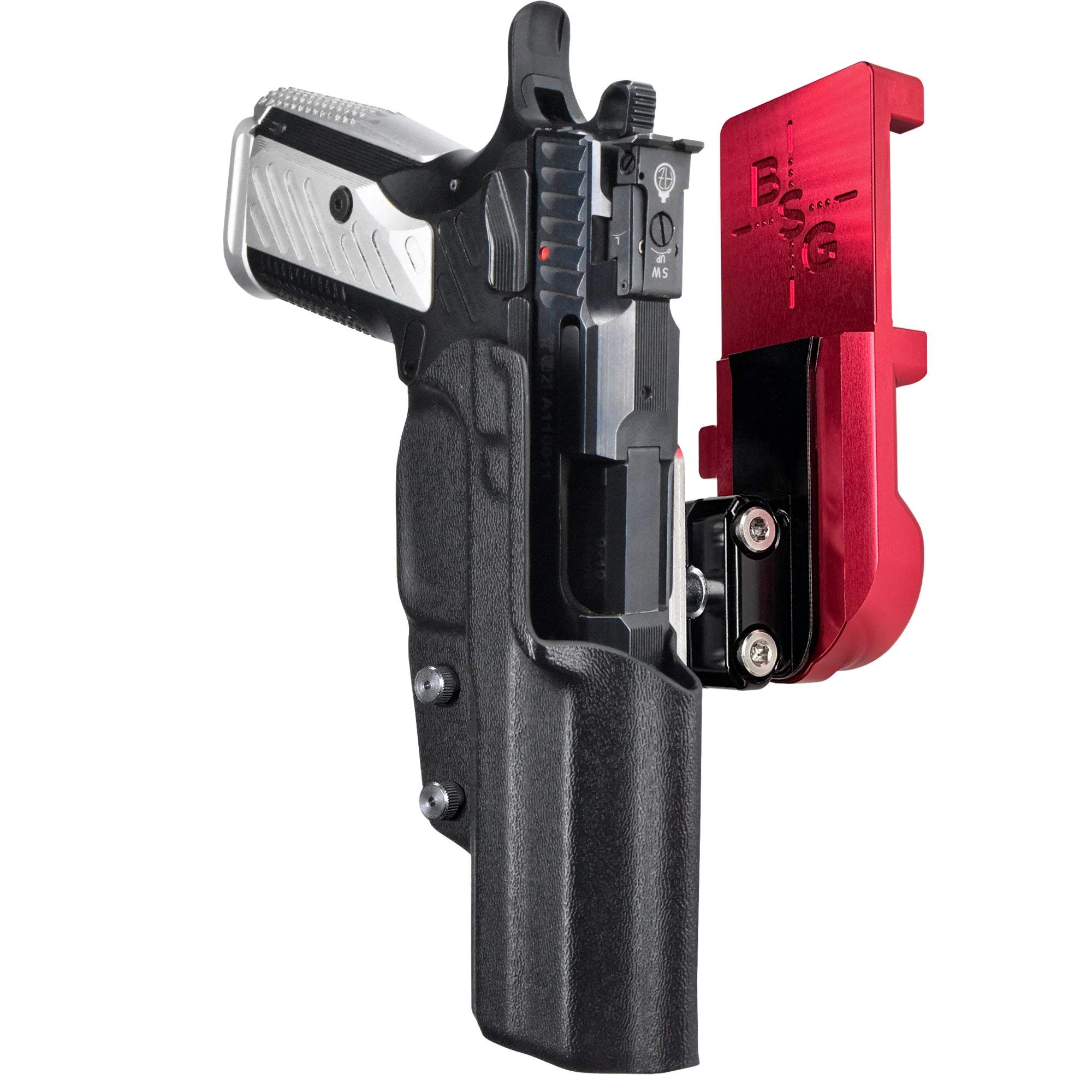 Arma Zeka AZ-P1 IPSC/USPA Quick Mount Ball Joint Holster with Red Belt Attachment, Black Holster Shell