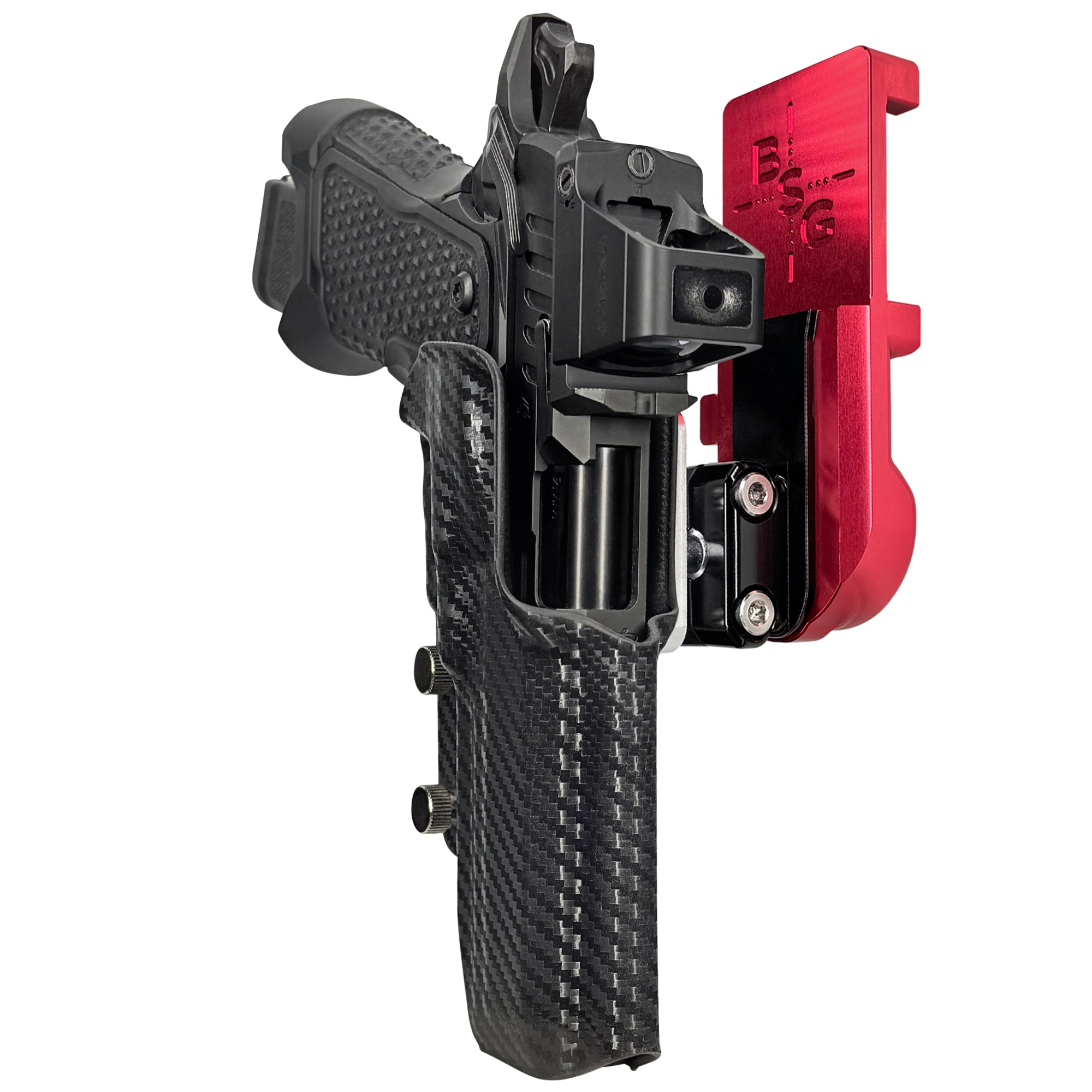 OA Defense 2311 Pro Elite IPSC/USPA Quick Mount Ball Joint Holster with Red Belt Attachment, Carbon Fiber Holster Shell