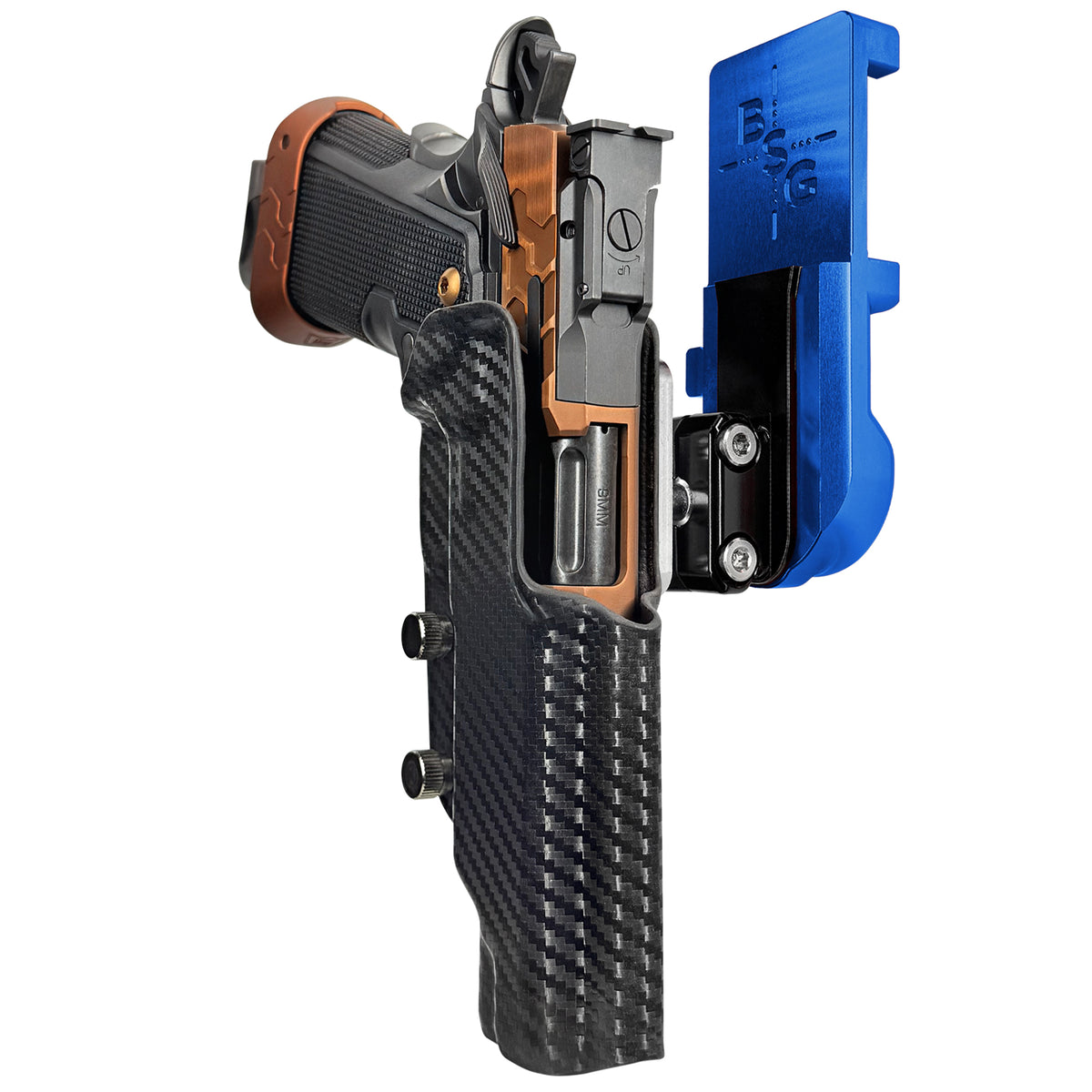 Kimber 2K11 Tapered Trigger Guard IPSC/USPSA Quick Mount Ball Joint Holster with Blue Belt Attachment, Carbon Fiber Holster Shell