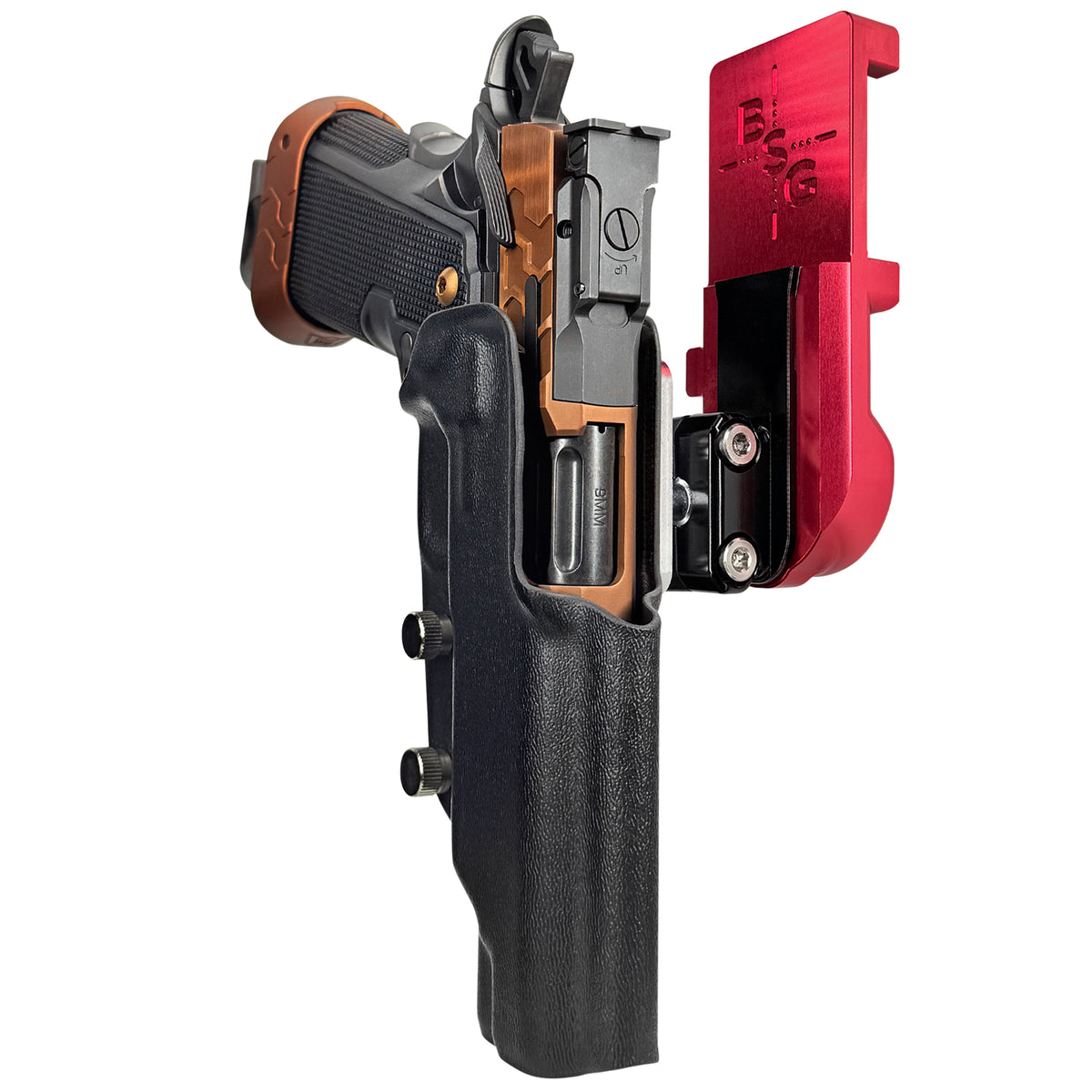 Kimber 2K11 Tapered Trigger Guard IPSC/USPSA Quick Mount Ball Joint Holster with Red Belt Attachment, Black Holster Shell