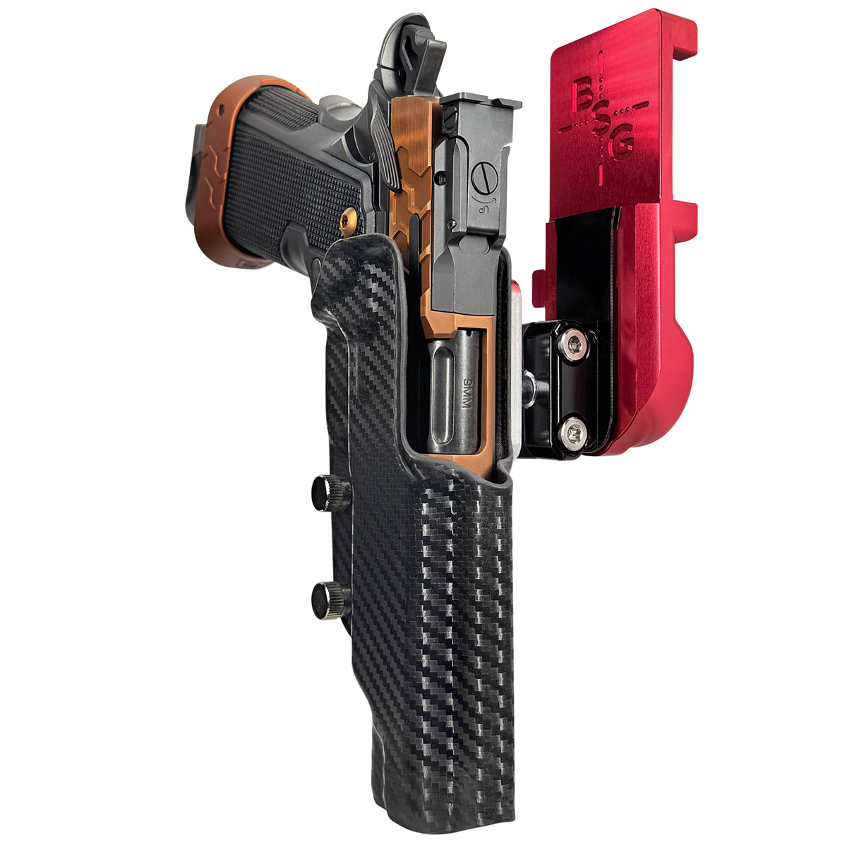Kimber 2K11 Tapered Trigger Guard IPSC/USPSA Quick Mount Ball Joint Holster with Red Belt Attachment, Carbon Fiber Holster Shell