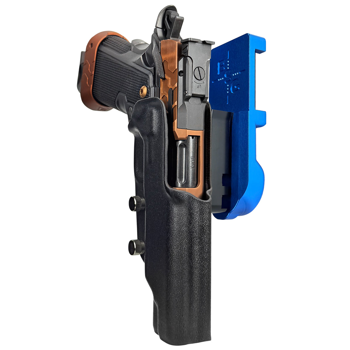 Kimber 2K11 Tapered Trigger Guard IPSC/USPSA Quick Mount Holster with Blue Belt Attachment, Black Holster Shell