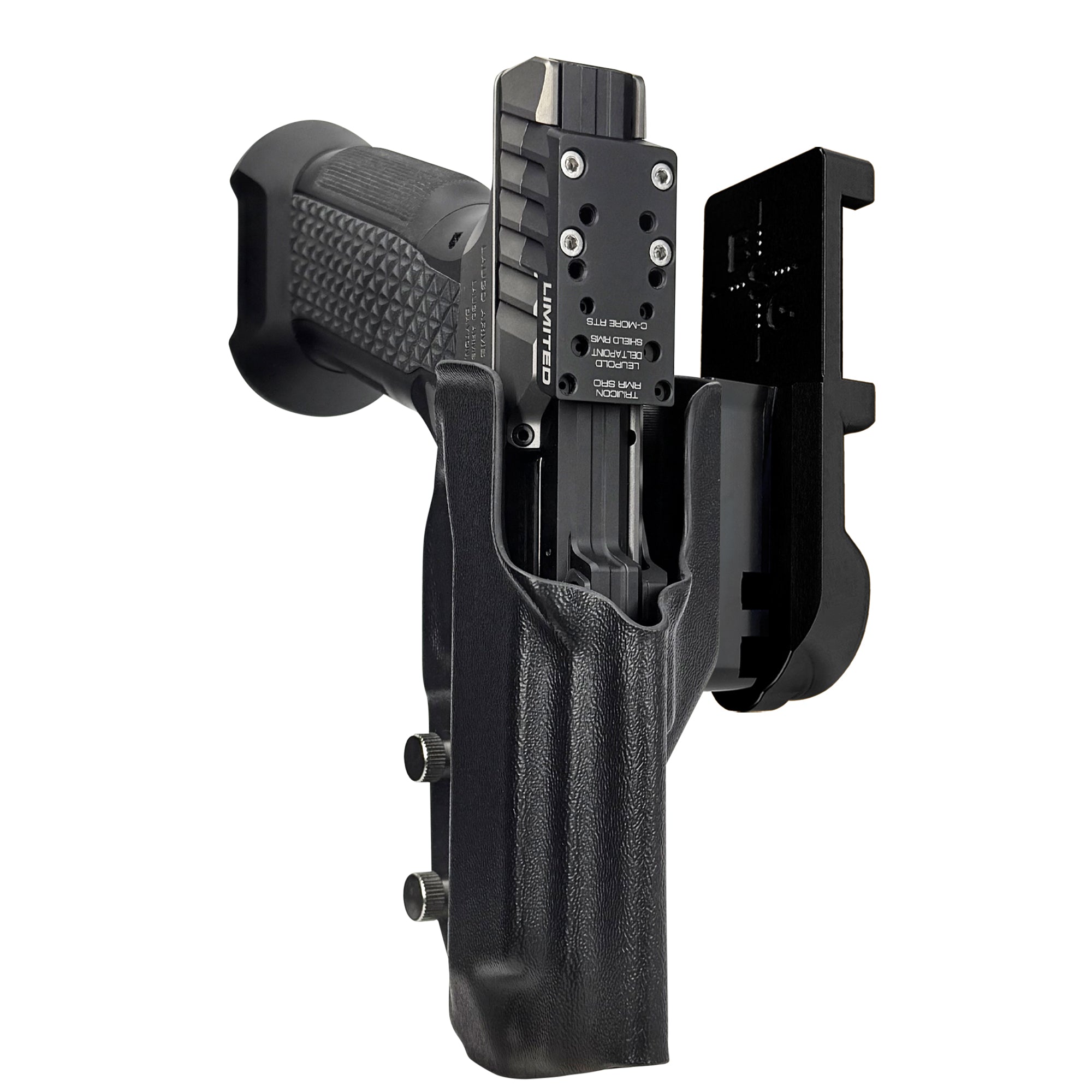 Laugo Arms Alien Creator Limited Optics IPSC/USPA Quick Mount Holster with Black Belt Attachment, Black Holster Shell