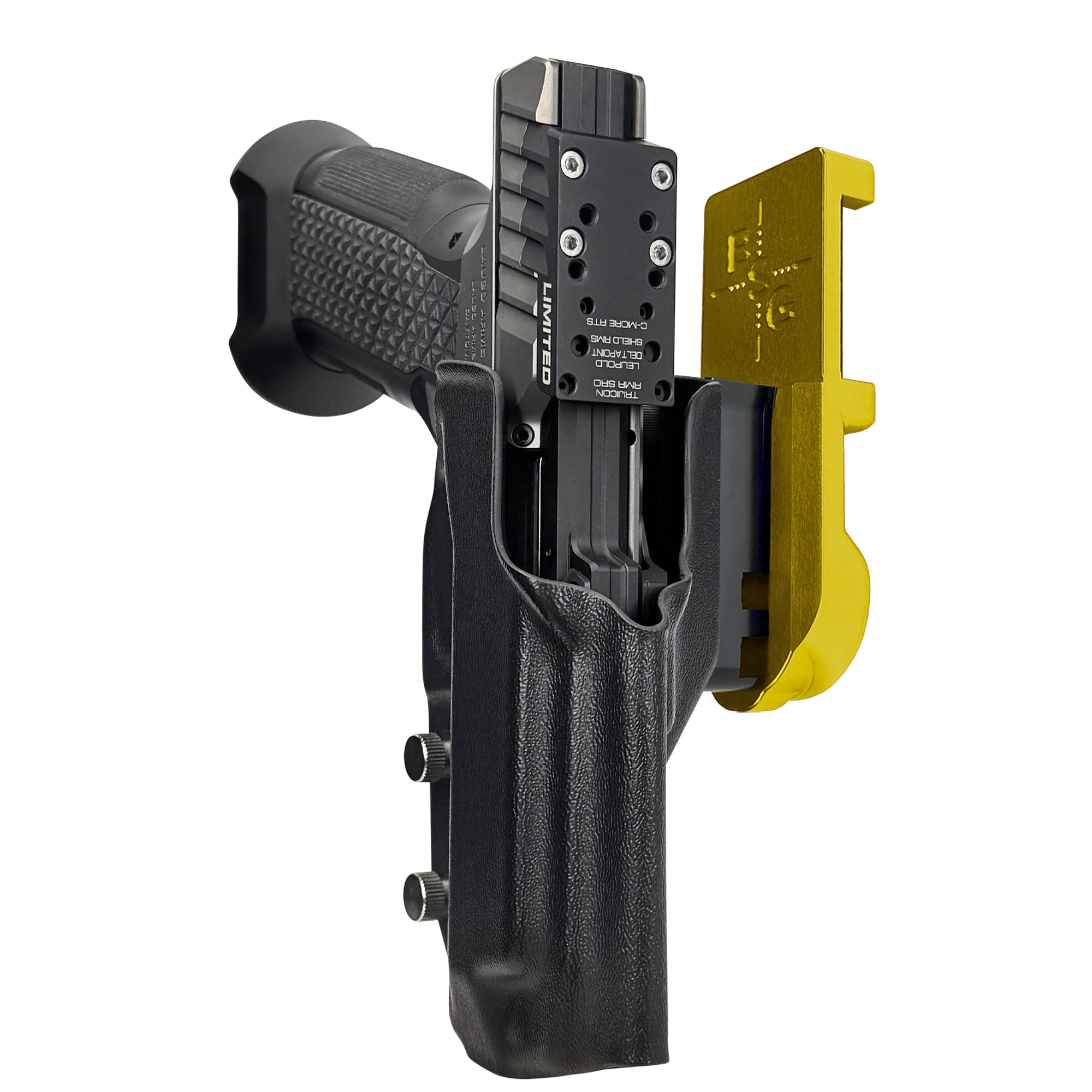 Laugo Arms Alien Creator Limited Optics IPSC/USPA Quick Mount Holster with Black Belt Attachment, Black Holster Shell