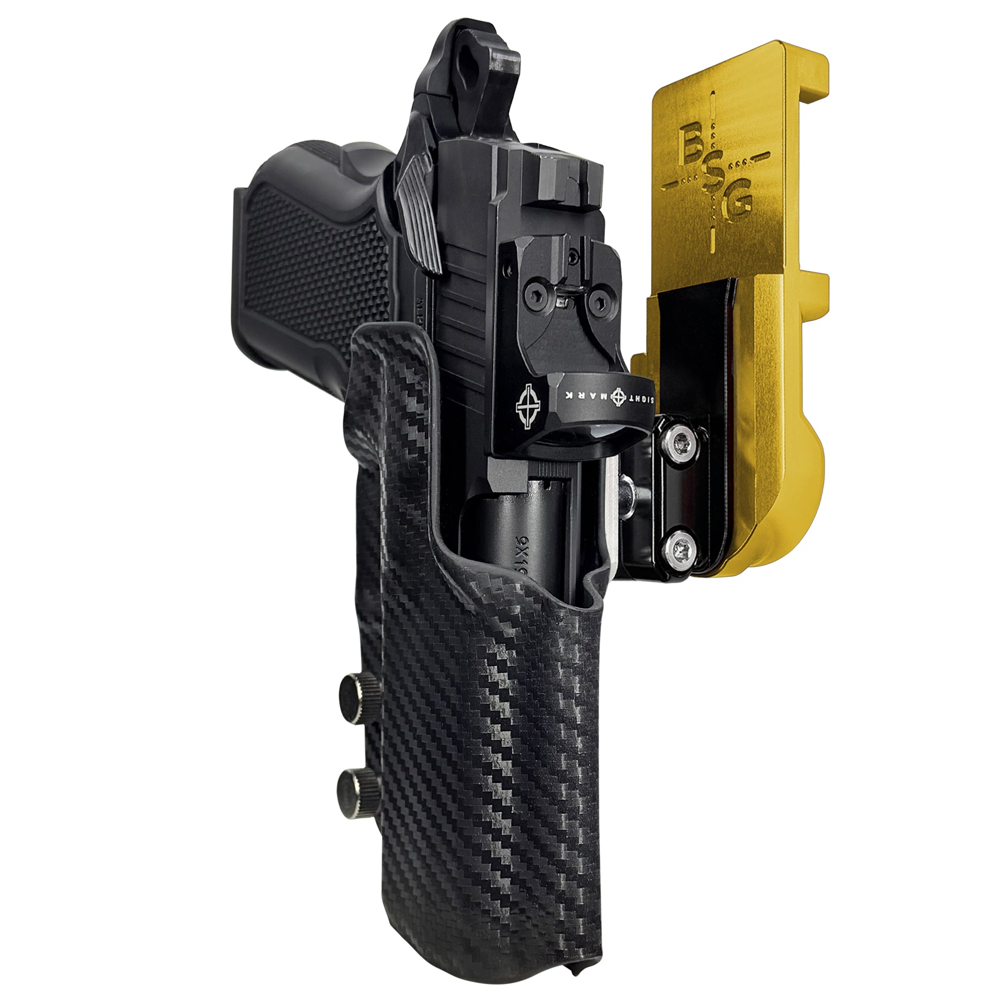 Alpha Foxtrot Attila IPSC/USPSA Quick Mount Ball Joint Holster with 24K Gold Belt Attachment, Carbon Fiber Holster Shell