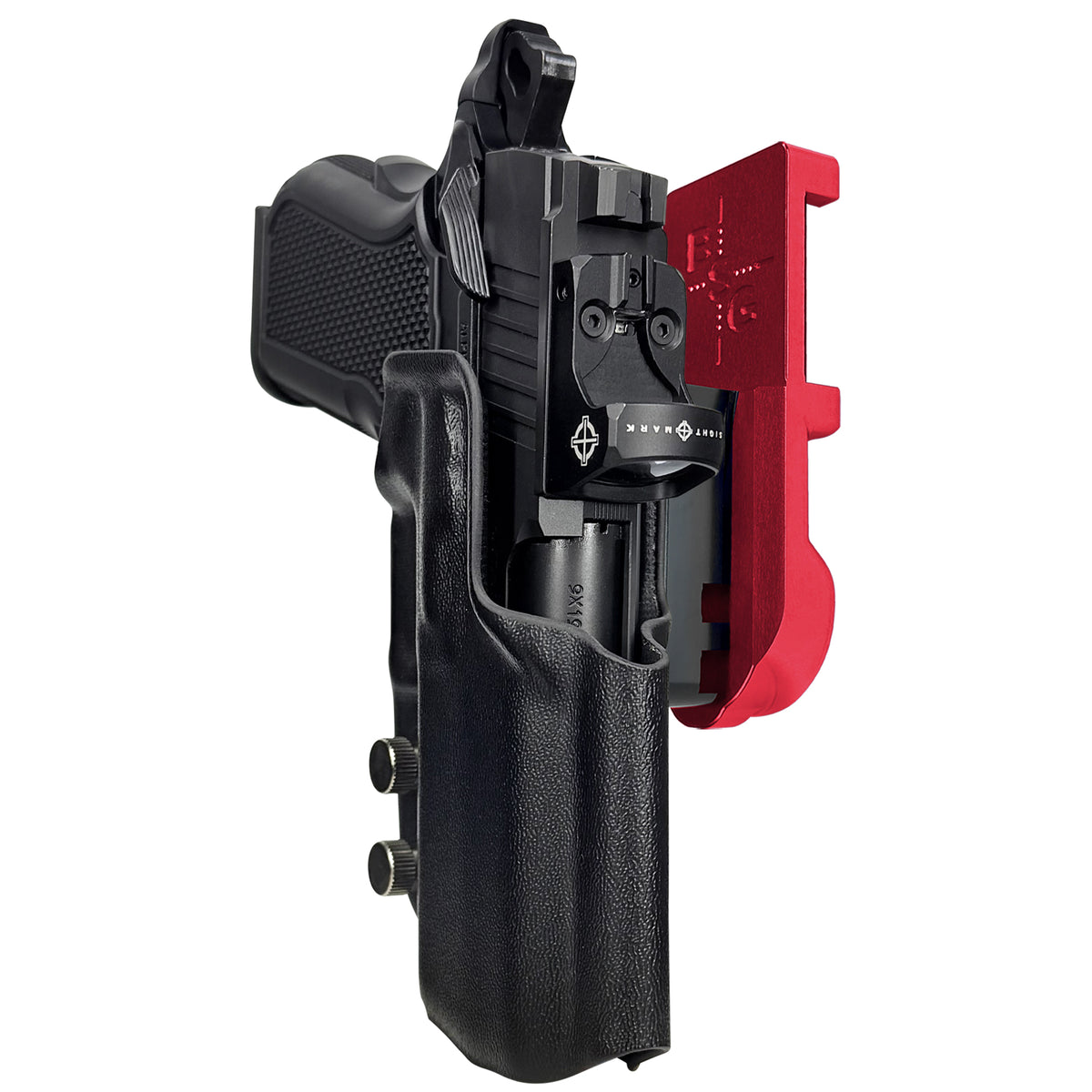 Alpha Foxtrot Attila IPSC/USPA Quick Mount Holster with Red Belt Attachment, Black Holster Shell
