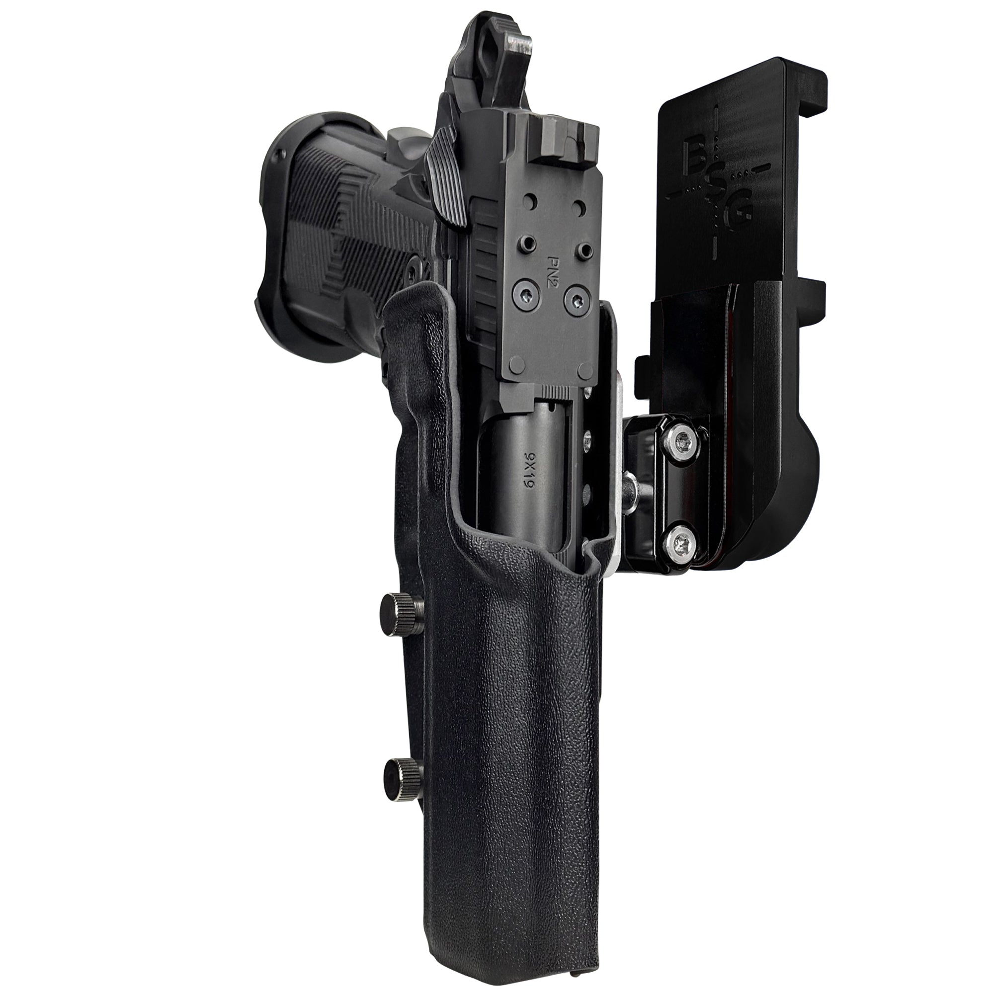 AF Romulus 4.25'' Comp IPSC/USPA Quick Mount Ball Joint Holster with Black Belt Attachment, Black Holster Shell
