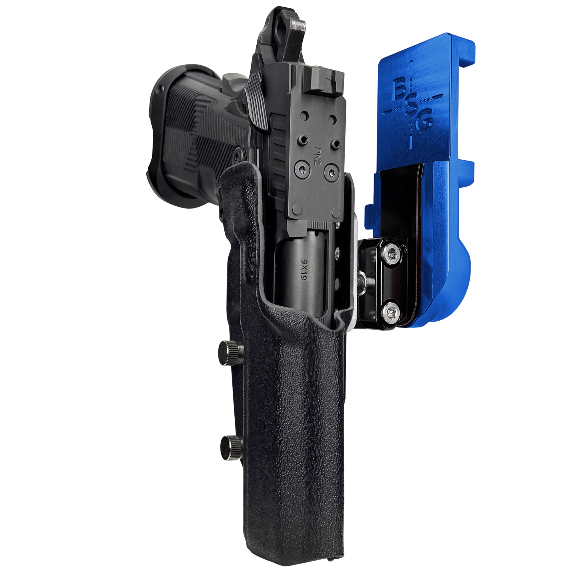 AF Romulus 4.25'' Comp IPSC/USPA Quick Mount Ball Joint Holster with Blue Belt Attachment, Black Holster Shell