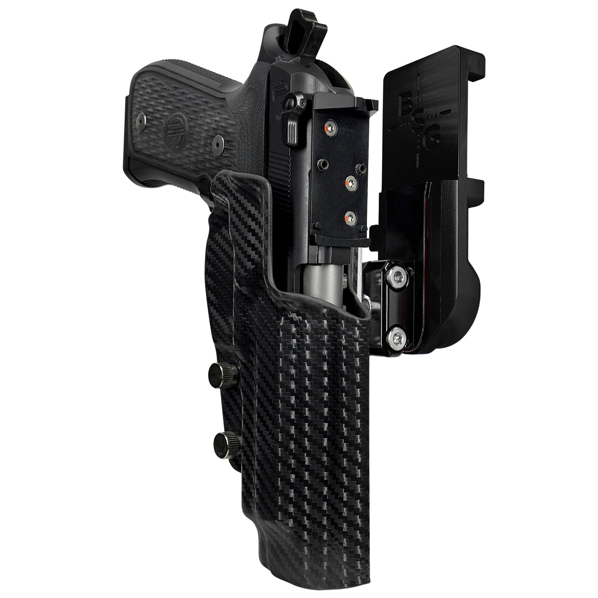 Beretta 92G Elite LTT IPSC/USPSA Quick Mount Ball Joint Holster with Black Belt Attachment, Carbon Fiber Holster Shell