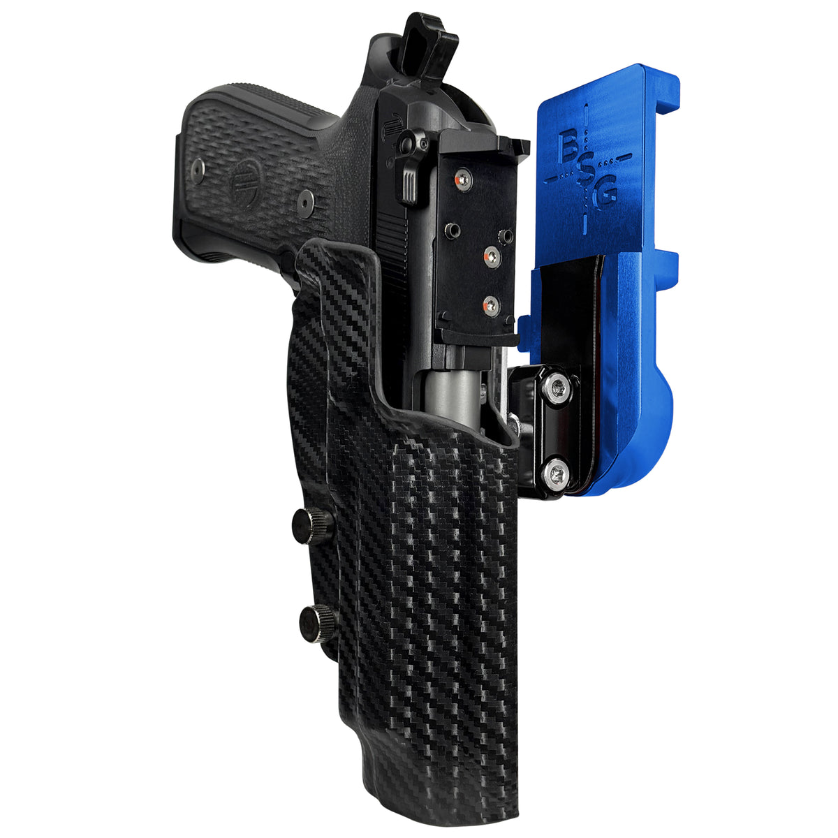 Beretta 92G Elite LTT IPSC/USPSA Quick Mount Ball Joint Holster with Blue Belt Attachment, Carbon Fiber Holster Shell