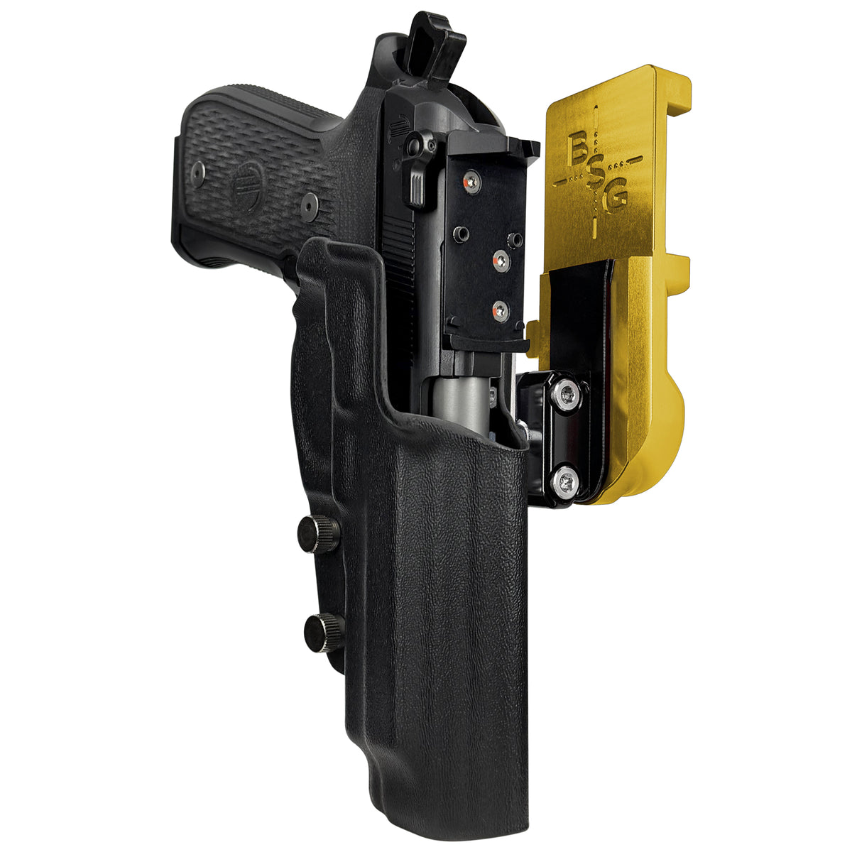 Beretta 92G Elite LTT IPSC/USPSA Quick Mount Ball Joint Holster with 24K Gold Belt Attachment, Black Holster Shell