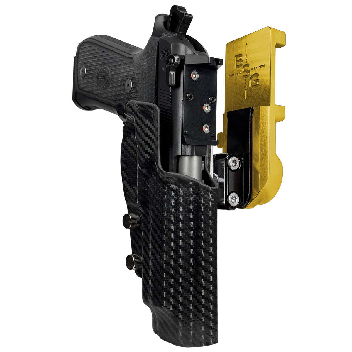 Beretta 92G Elite LTT IPSC/USPSA Quick Mount Ball Joint Holster with 24K Gold Belt Attachment, Carbon Fiber Holster Shell