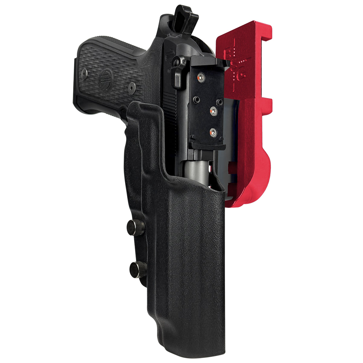 Beretta 92G Elite LTT IPSC/USPSA Quick Mount Holster with Red Belt Attachment, Black Holster Shell