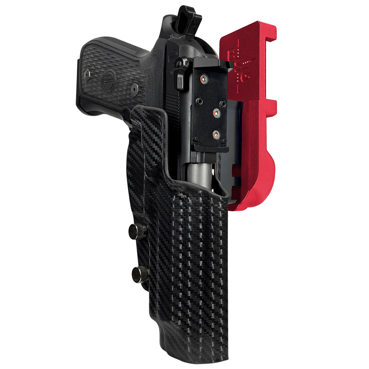 Beretta 92G Elite LTT IPSC/USPSA Quick Mount Holster with Red Belt Attachment, Carbon Fiber Holster Shell