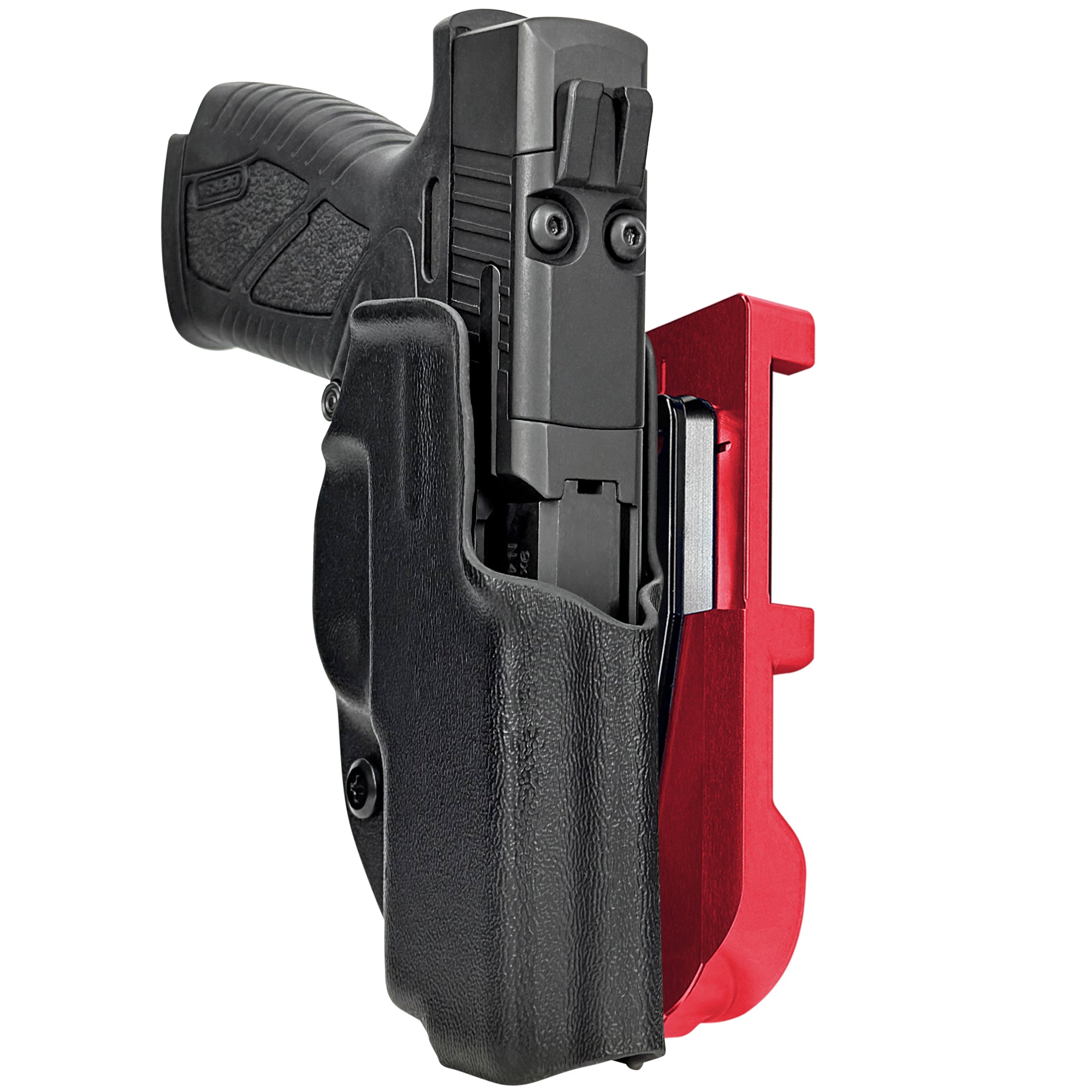Bersa BP9CC IDPA Quick Mount Holster with Red Belt Attachment, Black Holster Shell