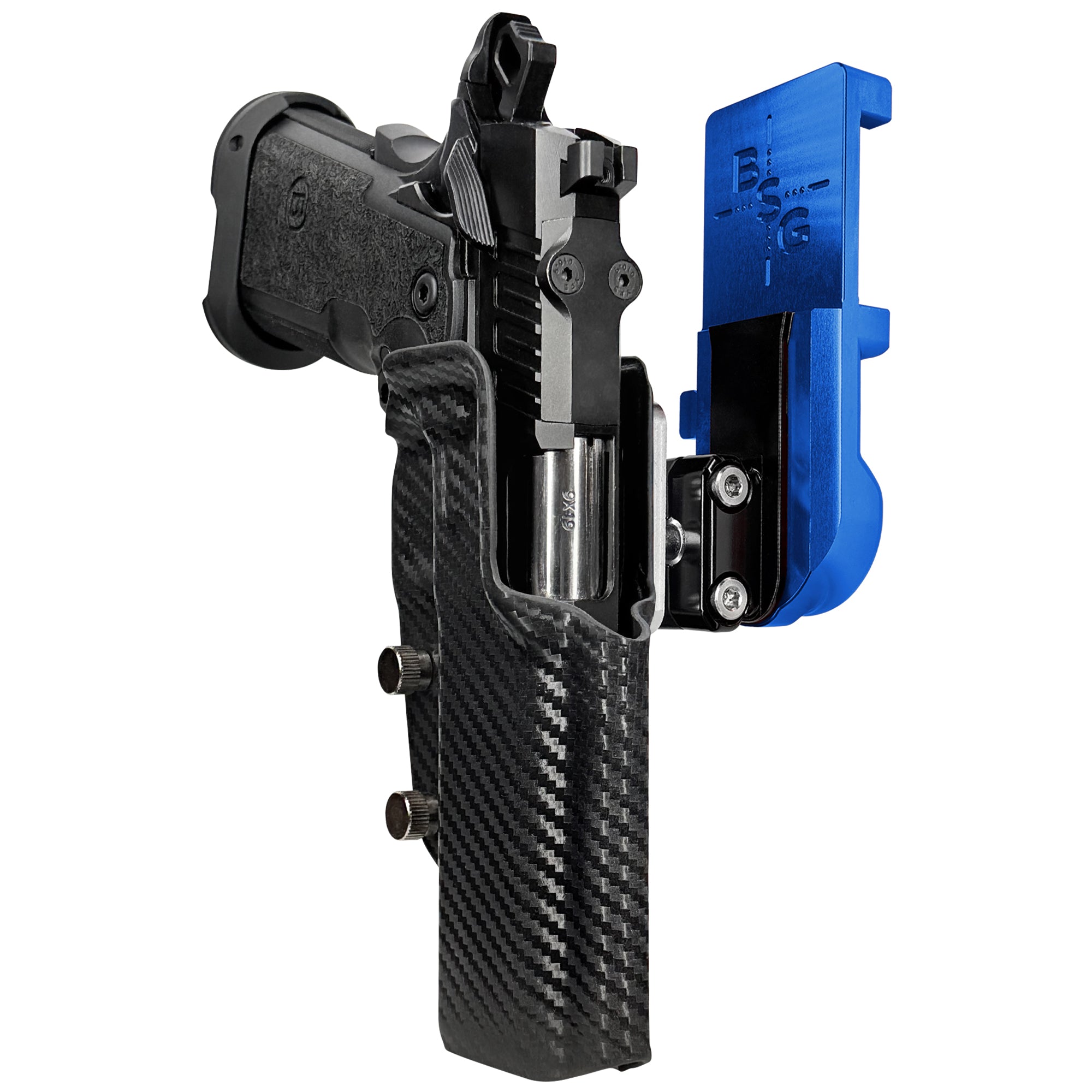 Bersa M2XI IPSC/USPA Quick Mount Ball Joint Holster with Blue Belt Attachment, Carbon Fiber Holster Shell