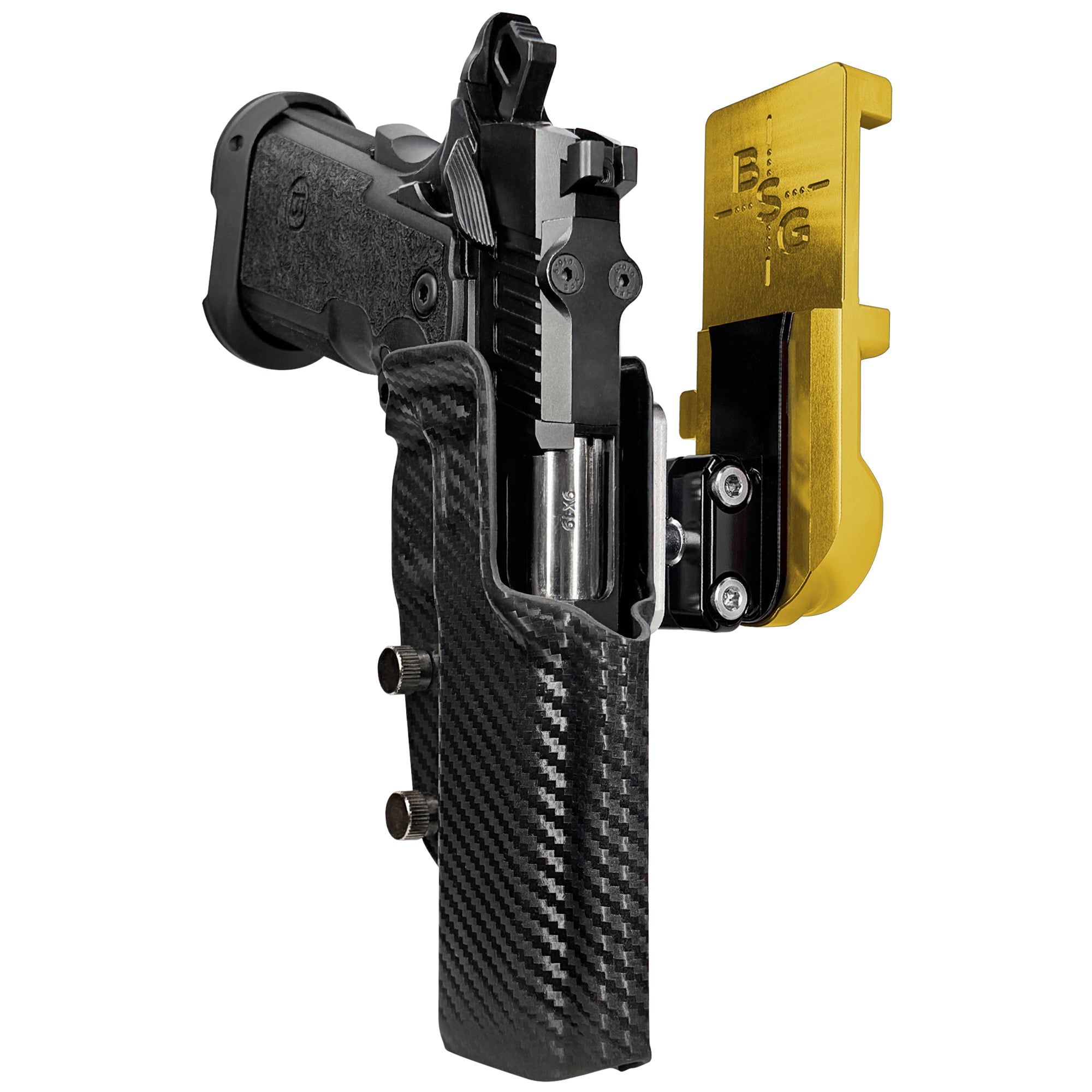 Bersa M2XI IPSC/USPA Quick Mount Ball Joint Holster with 24K Gold Belt Attachment, Carbon Fiber Holster Shell