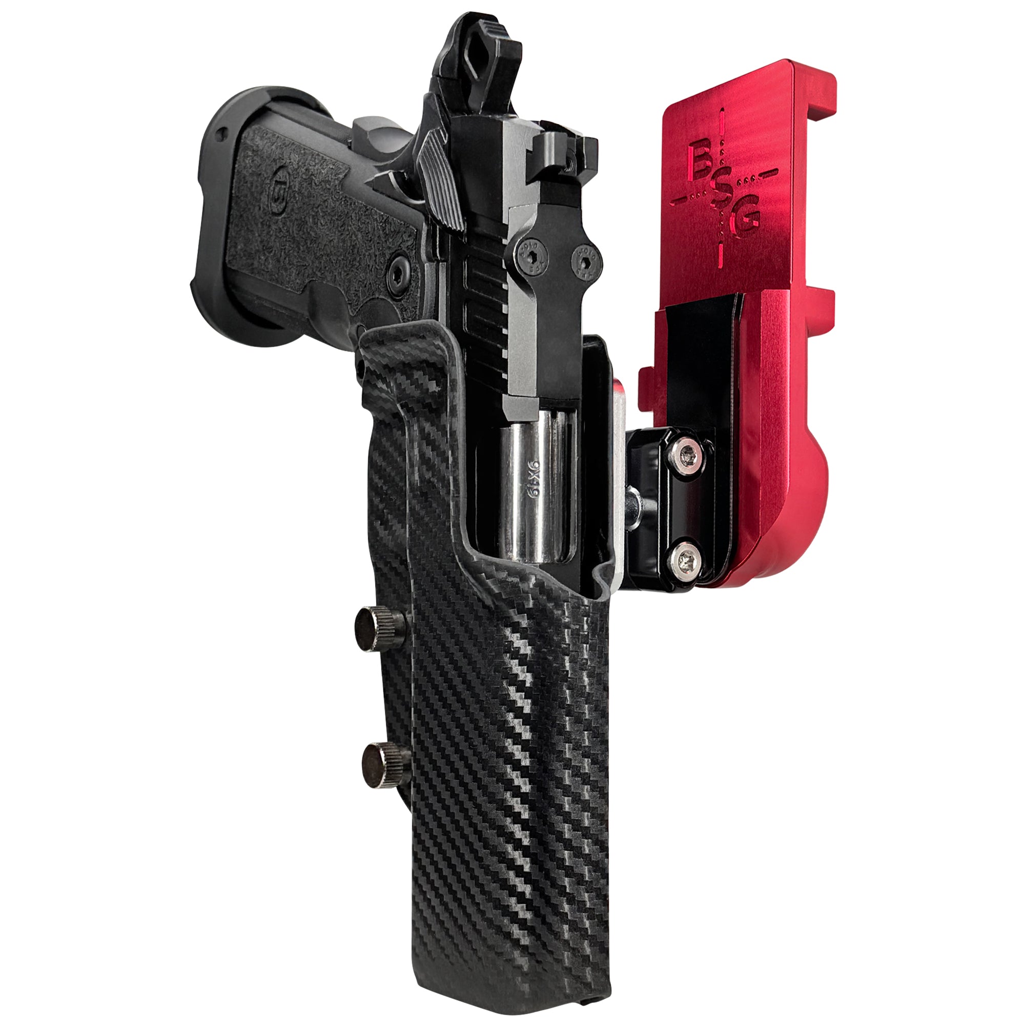 Bersa M2XI IPSC/USPA Quick Mount Ball Joint Holster with Red Belt Attachment, Carbon Fiber Holster Shell