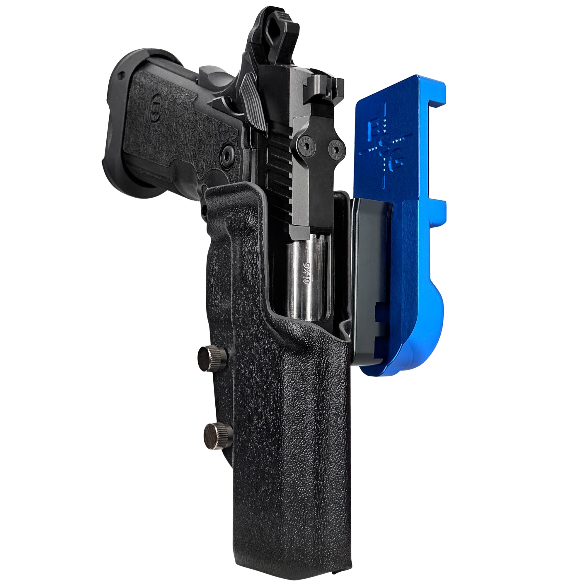 Bersa M2XI IPSC/USPA Quick Mount Holster with Blue Belt Attachment, Black Holster Shell