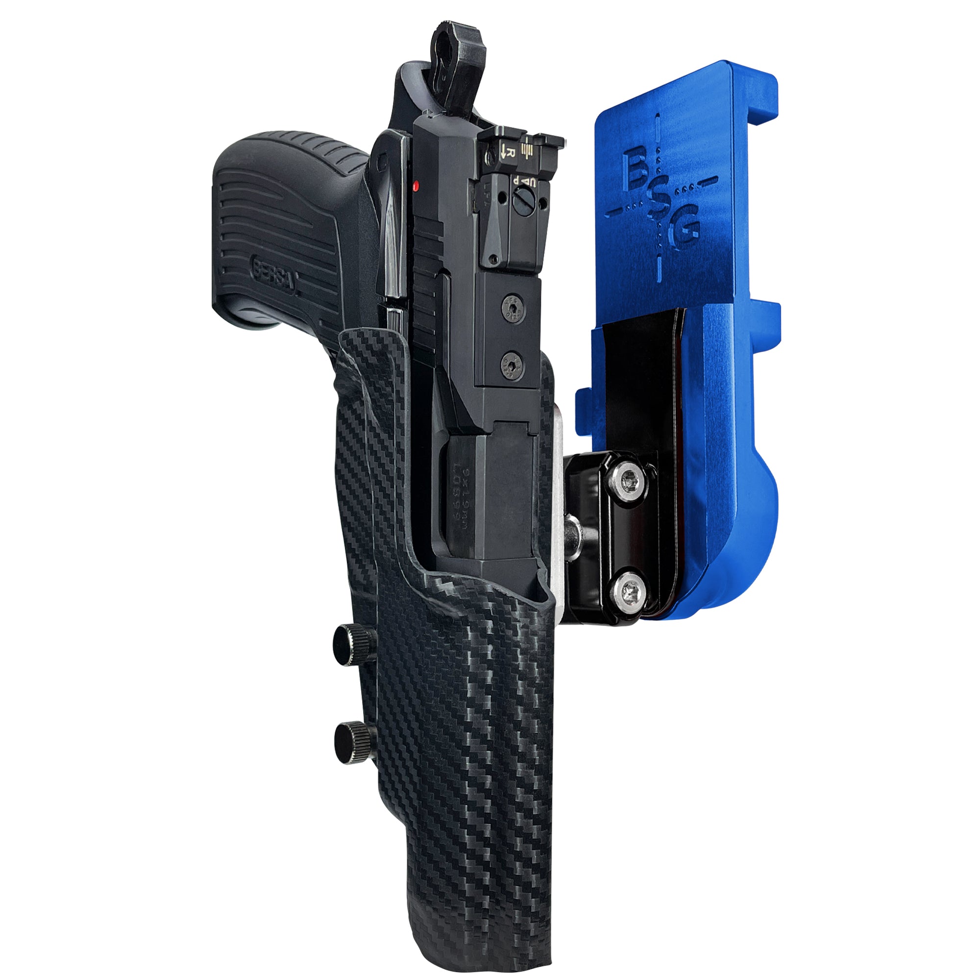 Bersa TPR9 XT IPSC/USPA Quick Mount Ball Joint Holster with Blue Belt Attachment, Carbon Fiber Holster Shell