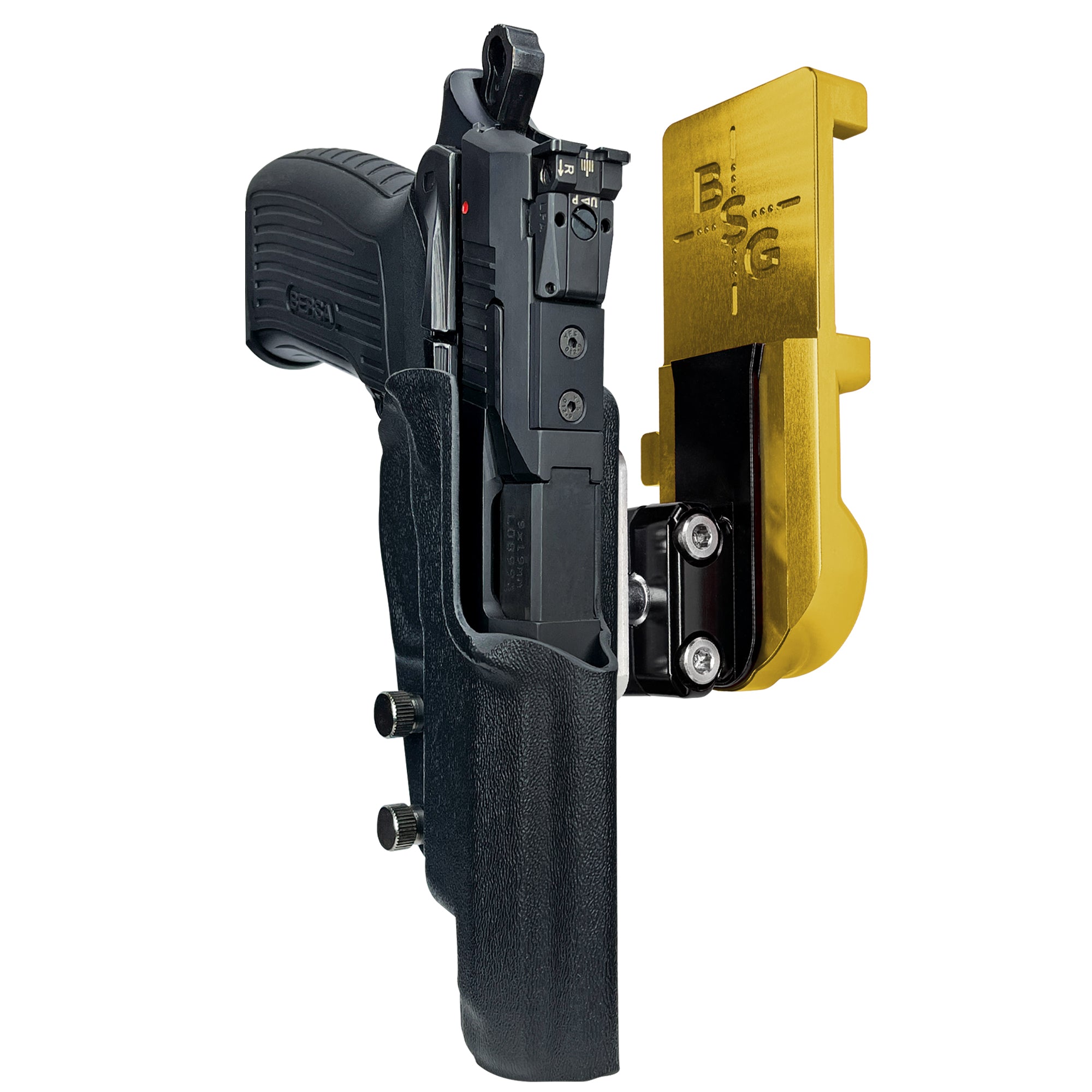Bersa TPR9 XT IPSC/USPA Quick Mount Ball Joint Holster with 24K Gold Belt Attachment, Black Holster Shell