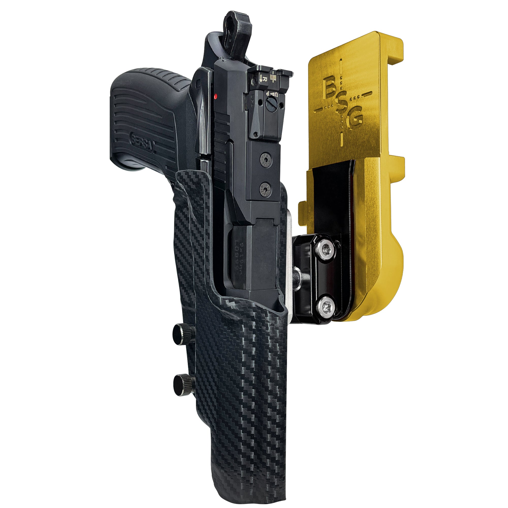 Bersa TPR9 XT IPSC/USPA Quick Mount Ball Joint Holster with 24K Gold Belt Attachment, Carbon Fiber Holster Shell