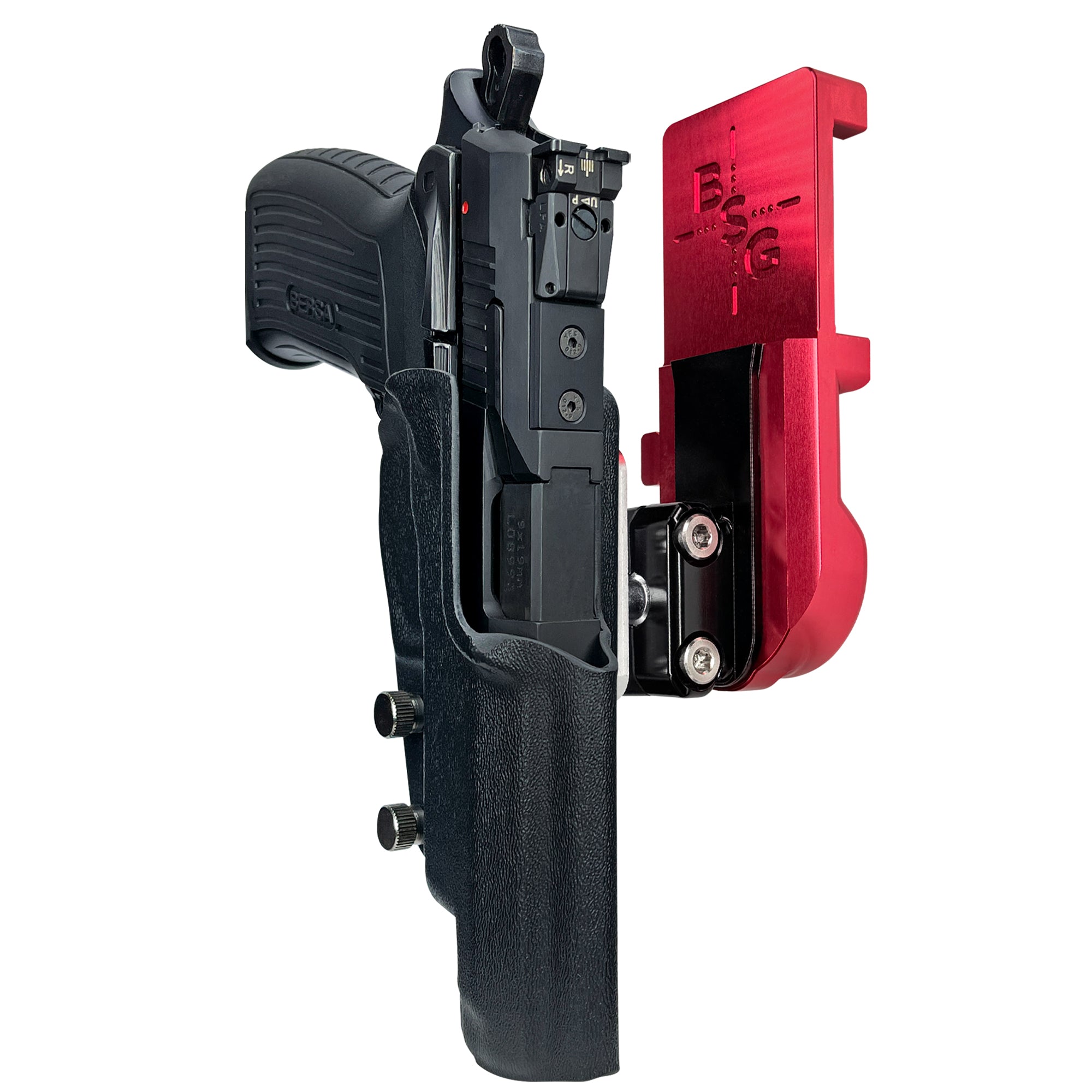 Bersa TPR9 XT IPSC/USPA Quick Mount Ball Joint Holster with Red Belt Attachment, Black Holster Shell