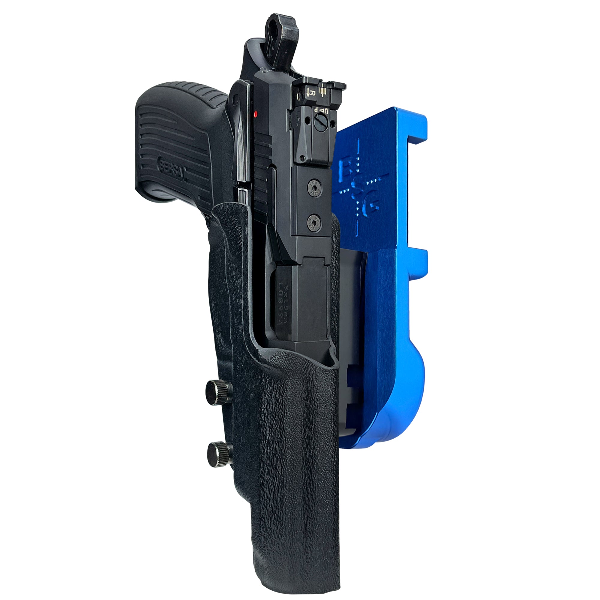 Bersa TPR9 XT IPSC/USPA Quick Mount Holster with Blue Belt Attachment, Black Holster Shell