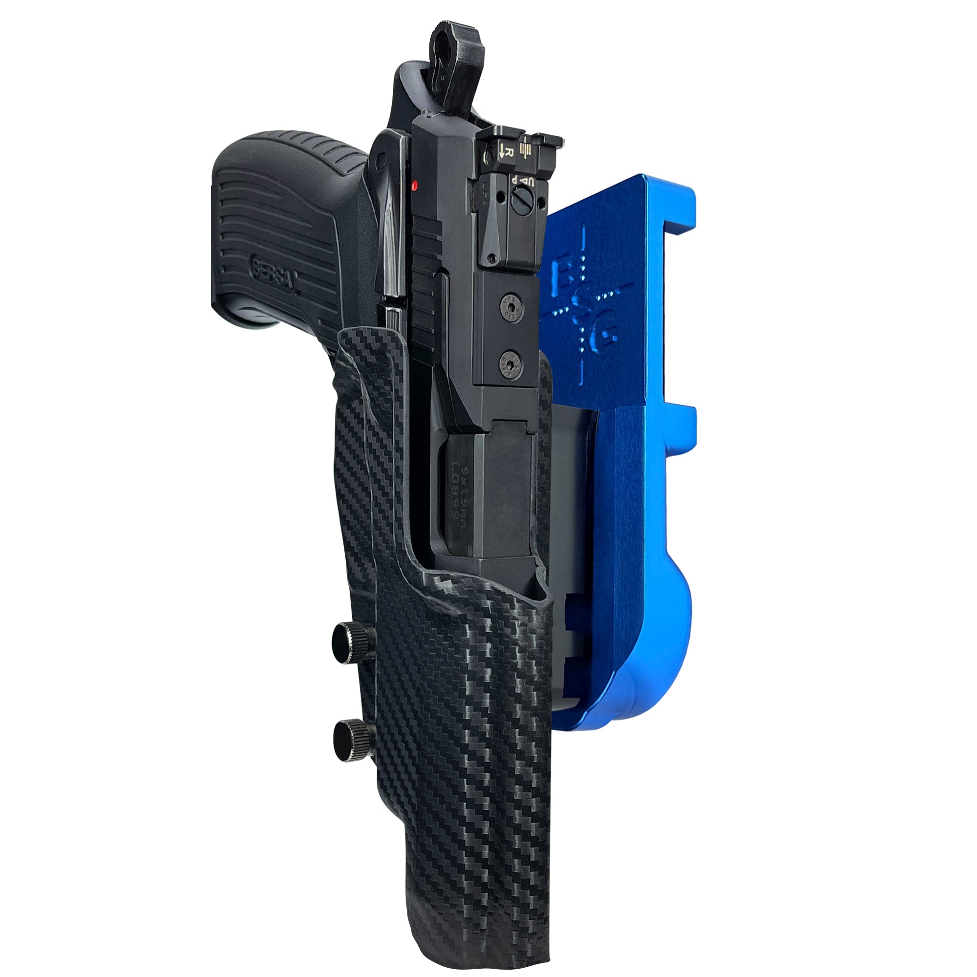 Bersa TPR9 XT IPSC/USPA Quick Mount Holster with Blue Belt Attachment, Carbon Fiber Holster Shell
