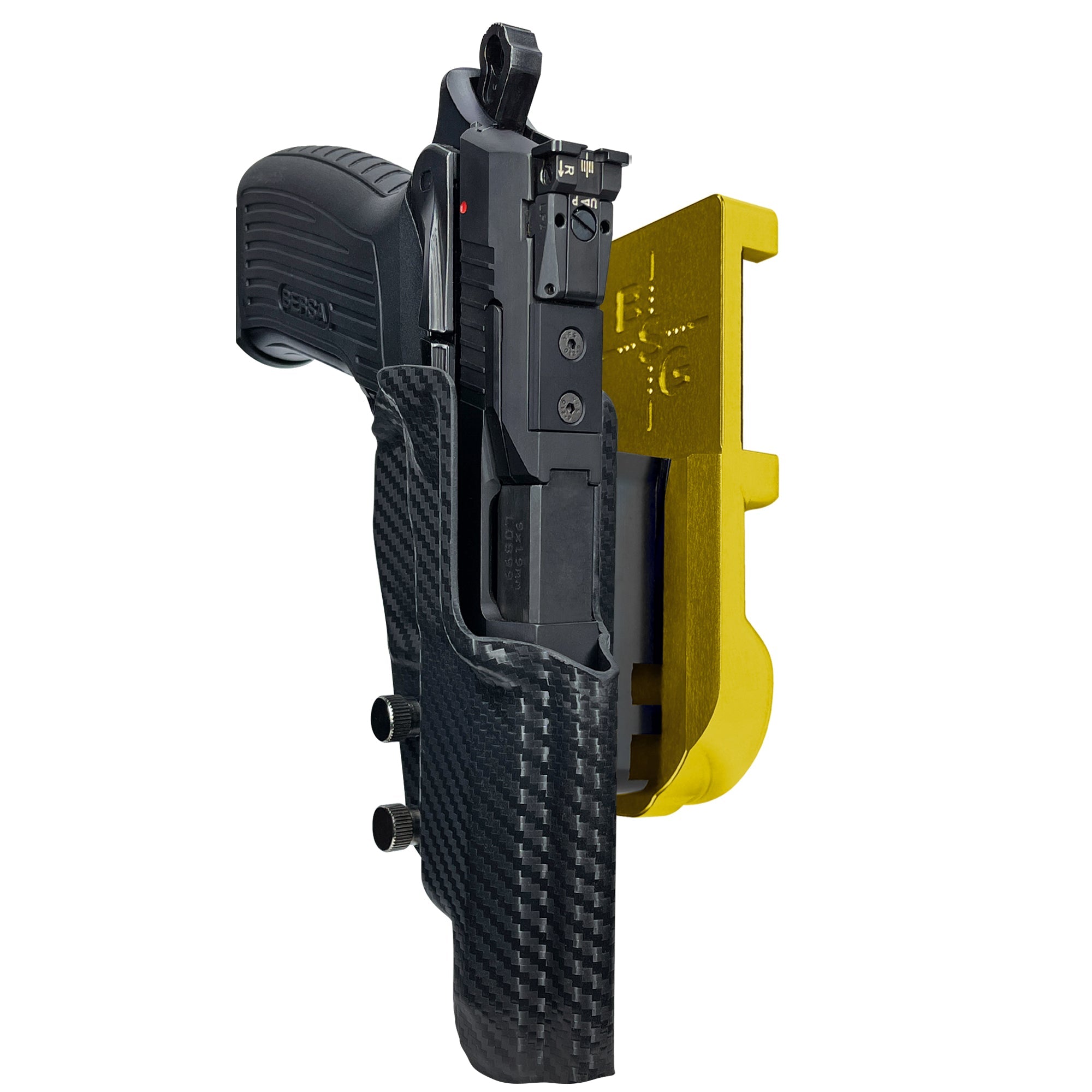 Bersa TPR9 XT IPSC/USPA Quick Mount Holster with 24K Gold Belt Attachment, Carbon Fiber Holster Shell