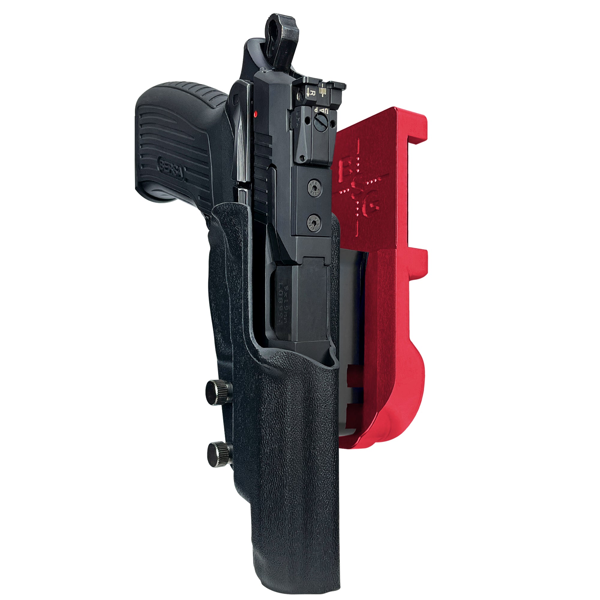 Bersa TPR9 XT IPSC/USPA Quick Mount Holster with Red Belt Attachment, Black Holster Shell