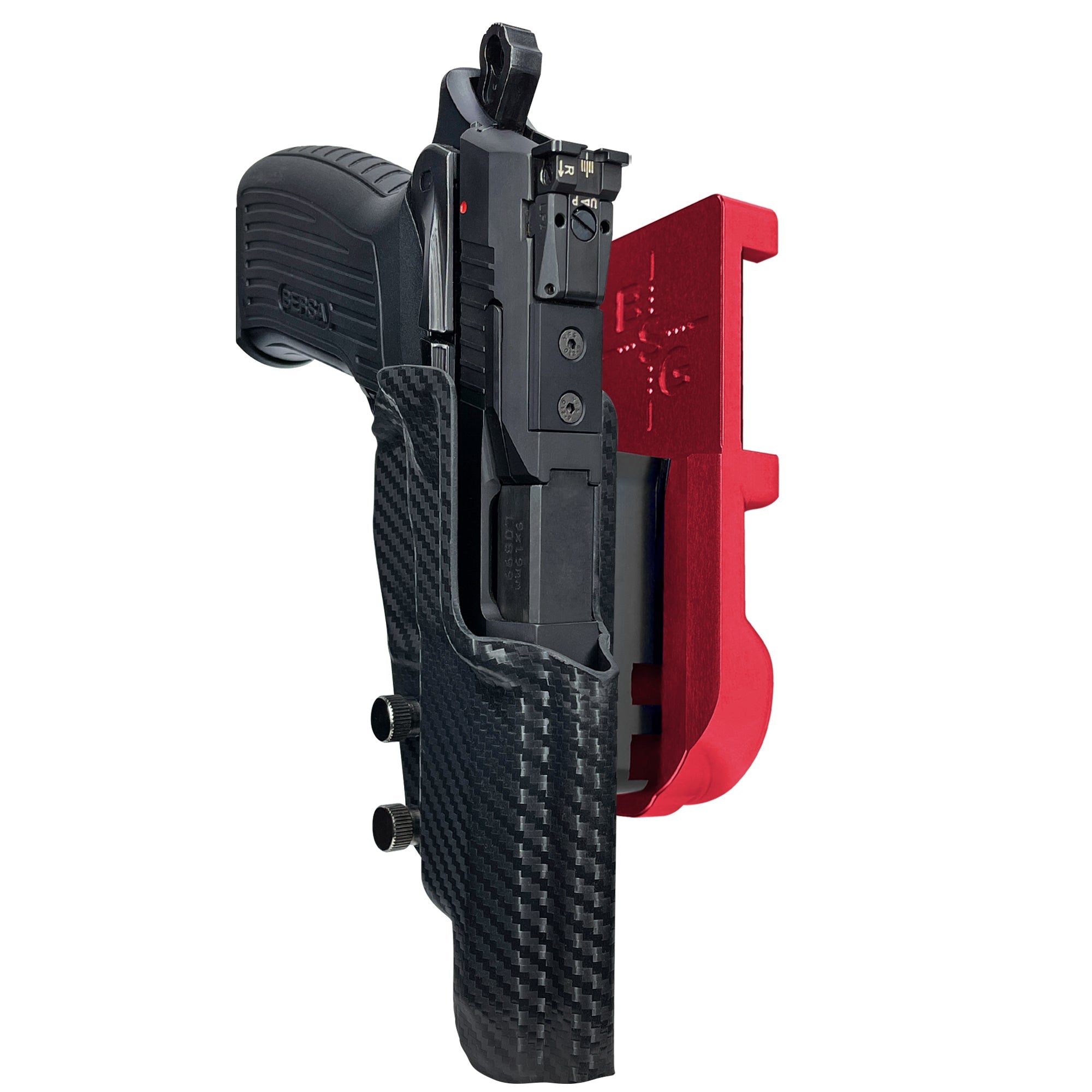 Bersa TPR9 XT IPSC/USPA Quick Mount Holster with Red Belt Attachment, Carbon Fiber Holster Shell