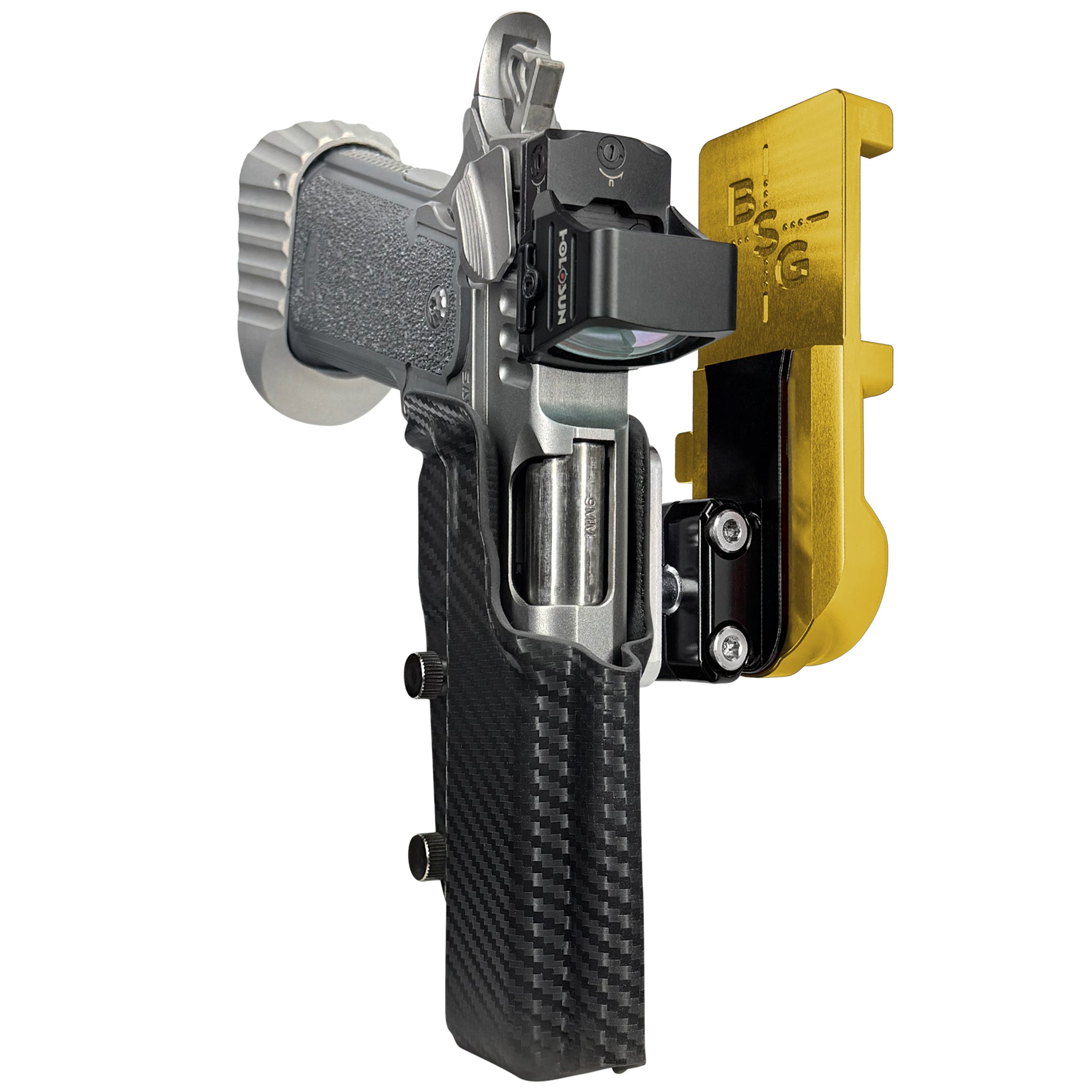 Bul Armory Blaze IPSC/USPA Quick Mount Ball Joint Holster with 24K Gold Belt Attachment, Carbon Fiber Holster Shell