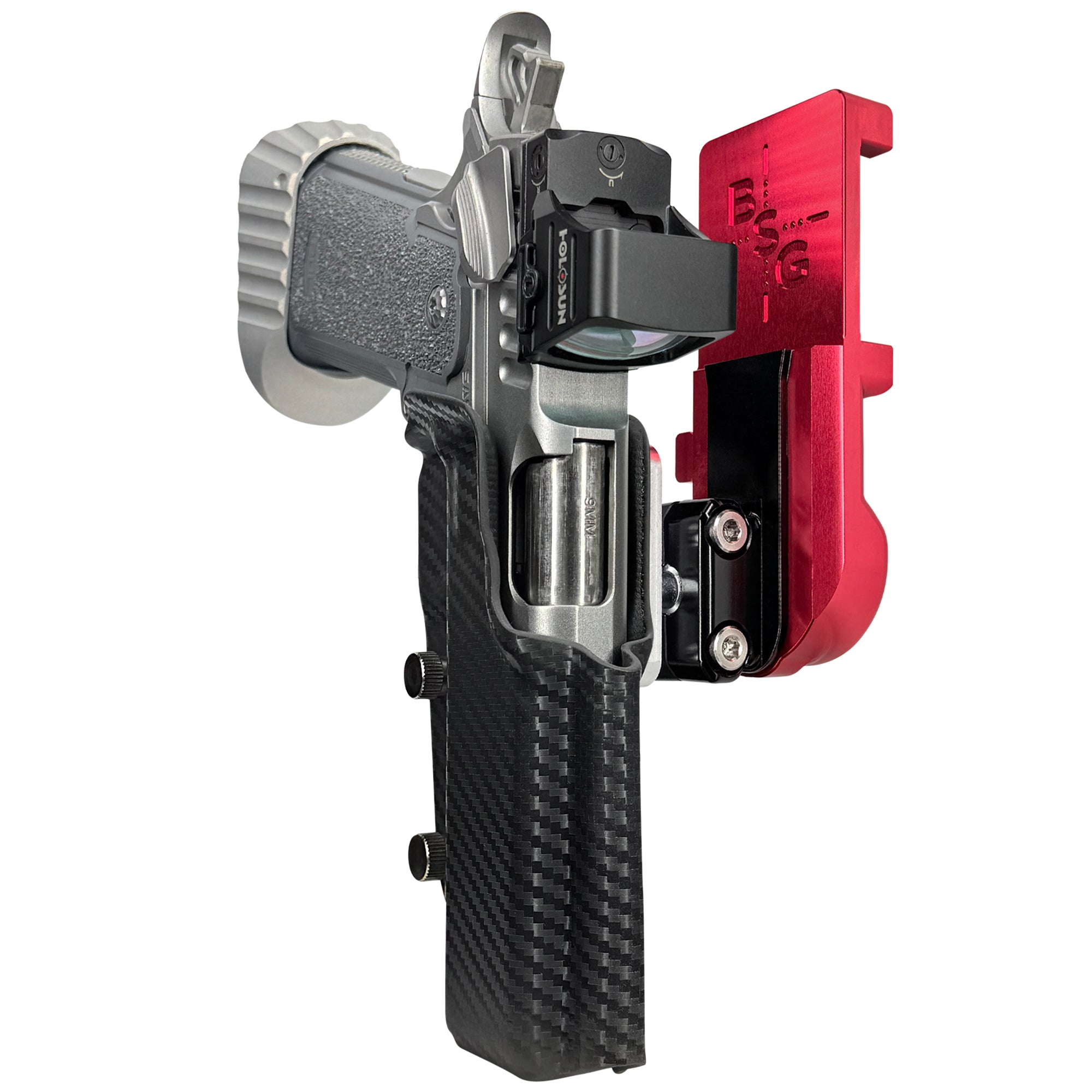 Bul Armory Blaze IPSC/USPA Quick Mount Ball Joint Holster with Red Belt Attachment, Carbon Fiber Holster Shell