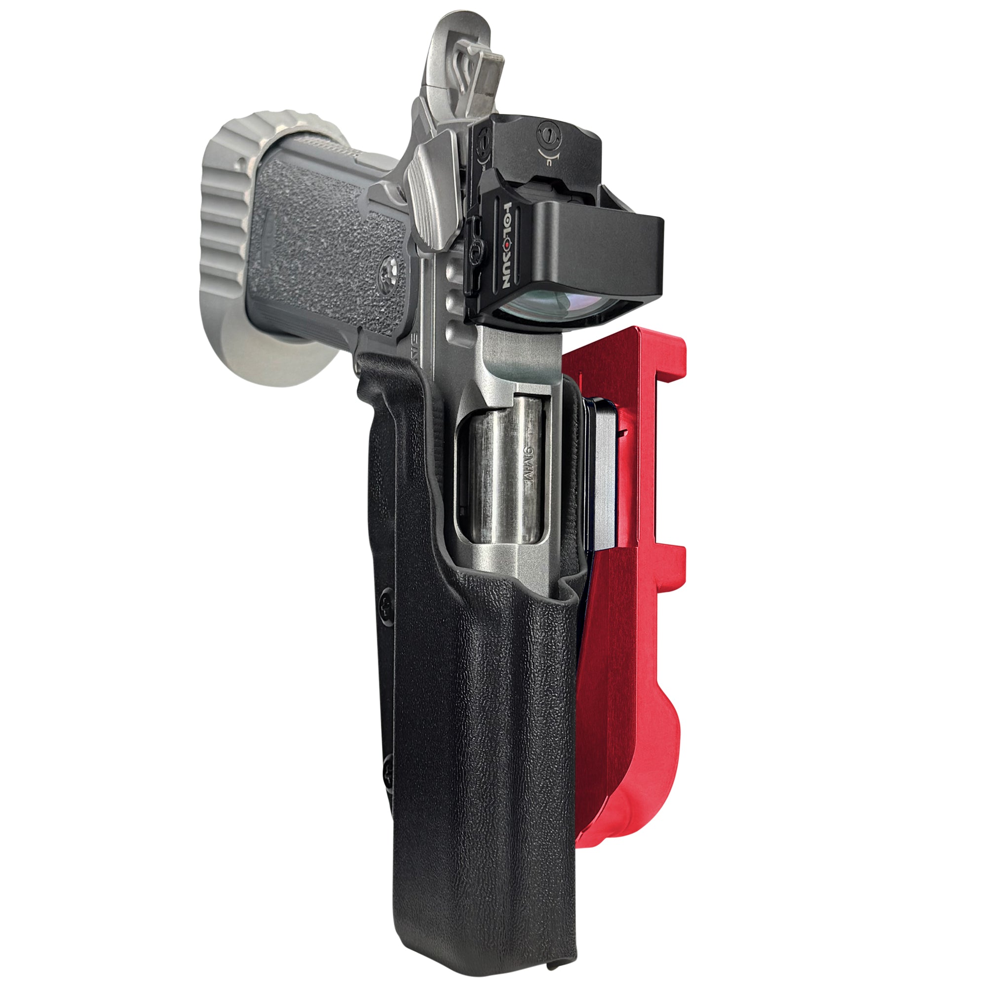 Bul Armory Blaze IDPA Quick Mount Holster with Red Belt Attachment, Black Holster Shell