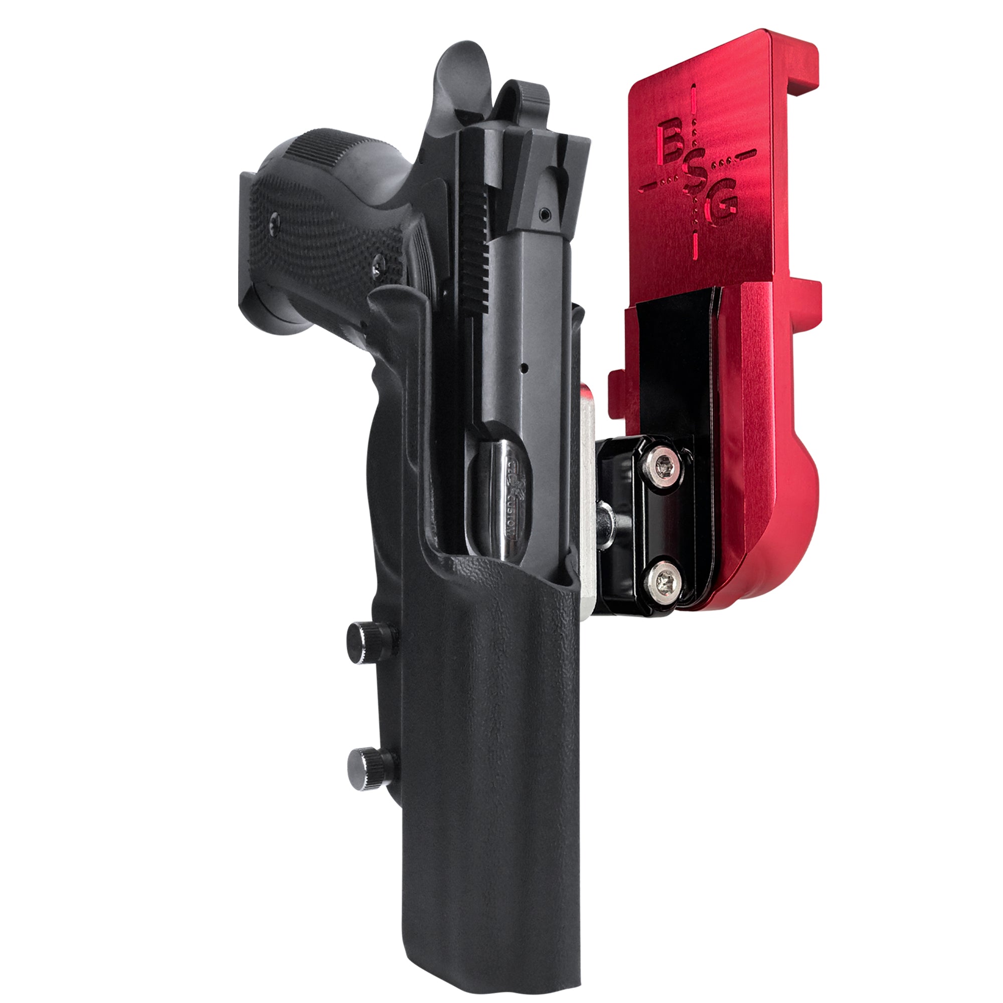 CZ A01-LD IPSC/USPA Quick Mount Ball Joint Holster with Red Belt Attachment, Black Holster Shell